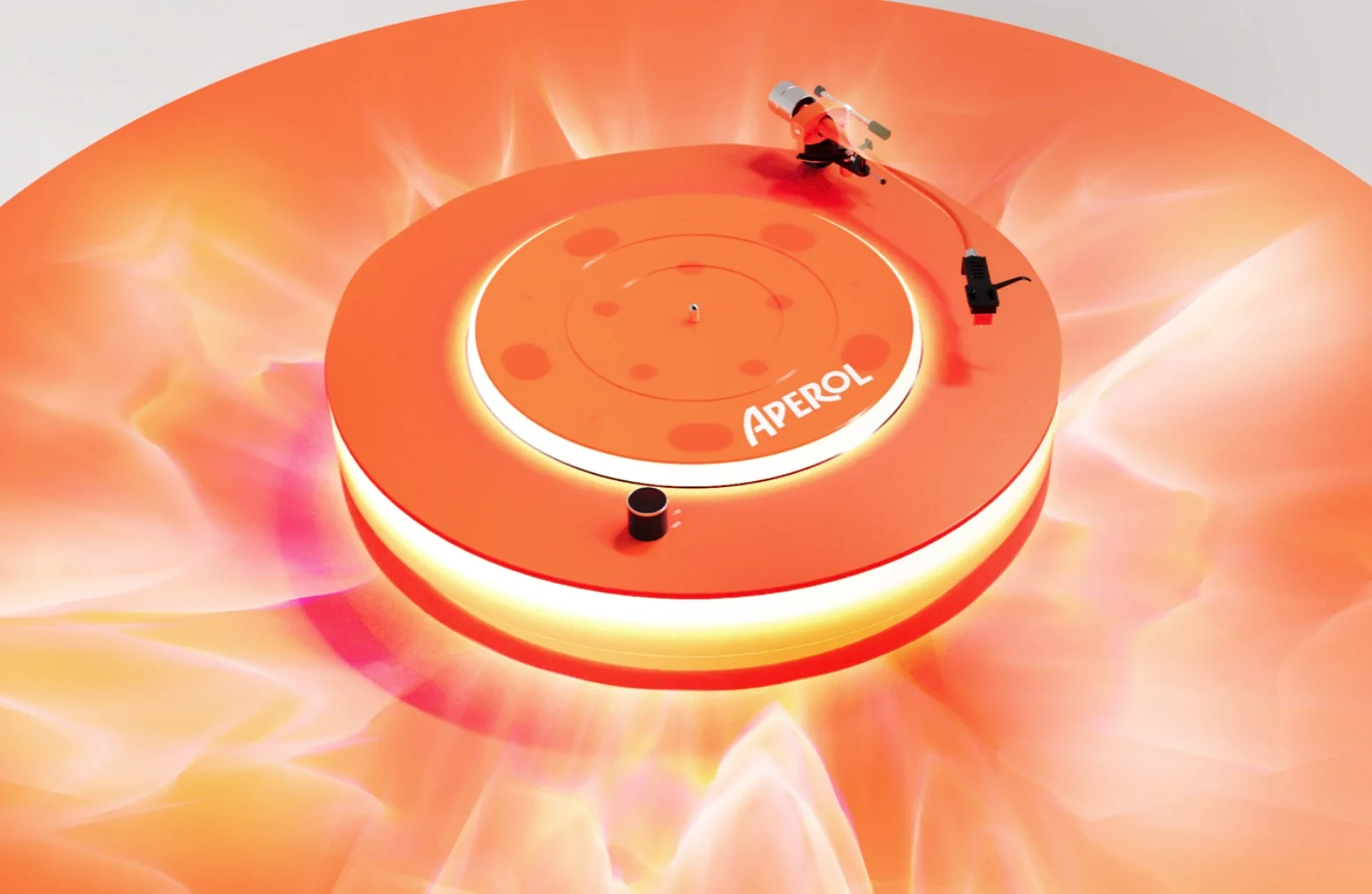 Render di una pedana girevole Aperol arancione con un anello luminoso su una base a motivo di fiamme – Aperol Tool Kit, 2023 – design di prodotto