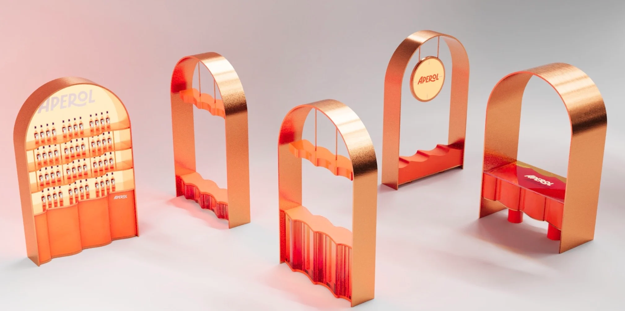 Render di cinque espositori ad arco e unità bar in rame del tool kit Aperol – Aperol Tool Kit, 2023 – design di prodotto