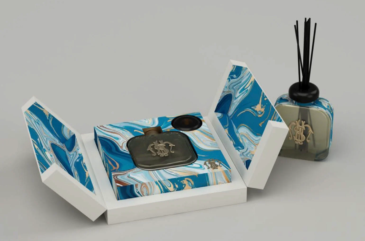 Render di una scatola regalo marmorizzata blu che si apre e contiene un flacone di profumo, con un diffusore a bastoncini accanto – Fragranze per la casa Santa Maria Novella, 2021 – graphic design, proposta