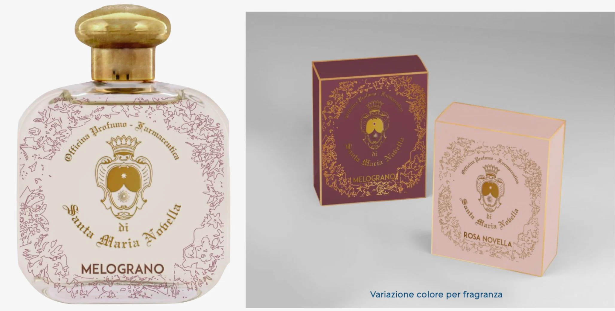 Render di un flacone Melograno con etichetta a stemma, accanto a scatole bordeaux e rosa in due varianti di colore – Fragranze per la casa Santa Maria Novella, 2021 – graphic design, proposta