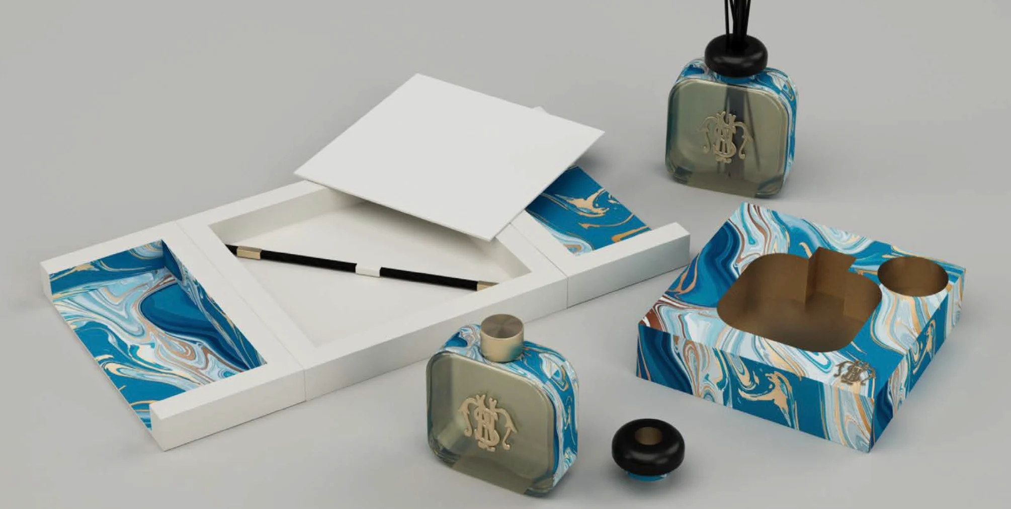 Render di un set da scrivania marmorizzato blu: vassoio con carta e penna, flacone di profumo e diffusore – Fragranze per la casa Santa Maria Novella, 2021 – graphic design, proposta