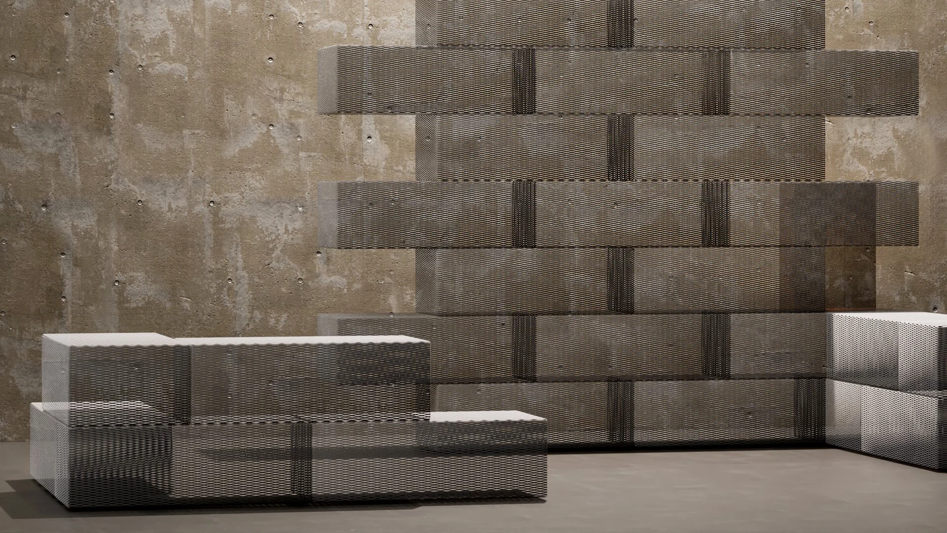 Render di moduli in rete metallica impilati che formano una parete e panche basse contro il cemento grezzo – Collezione in rete metallica ItalMesh, Milano, Italia, 2025 – design di prodotto