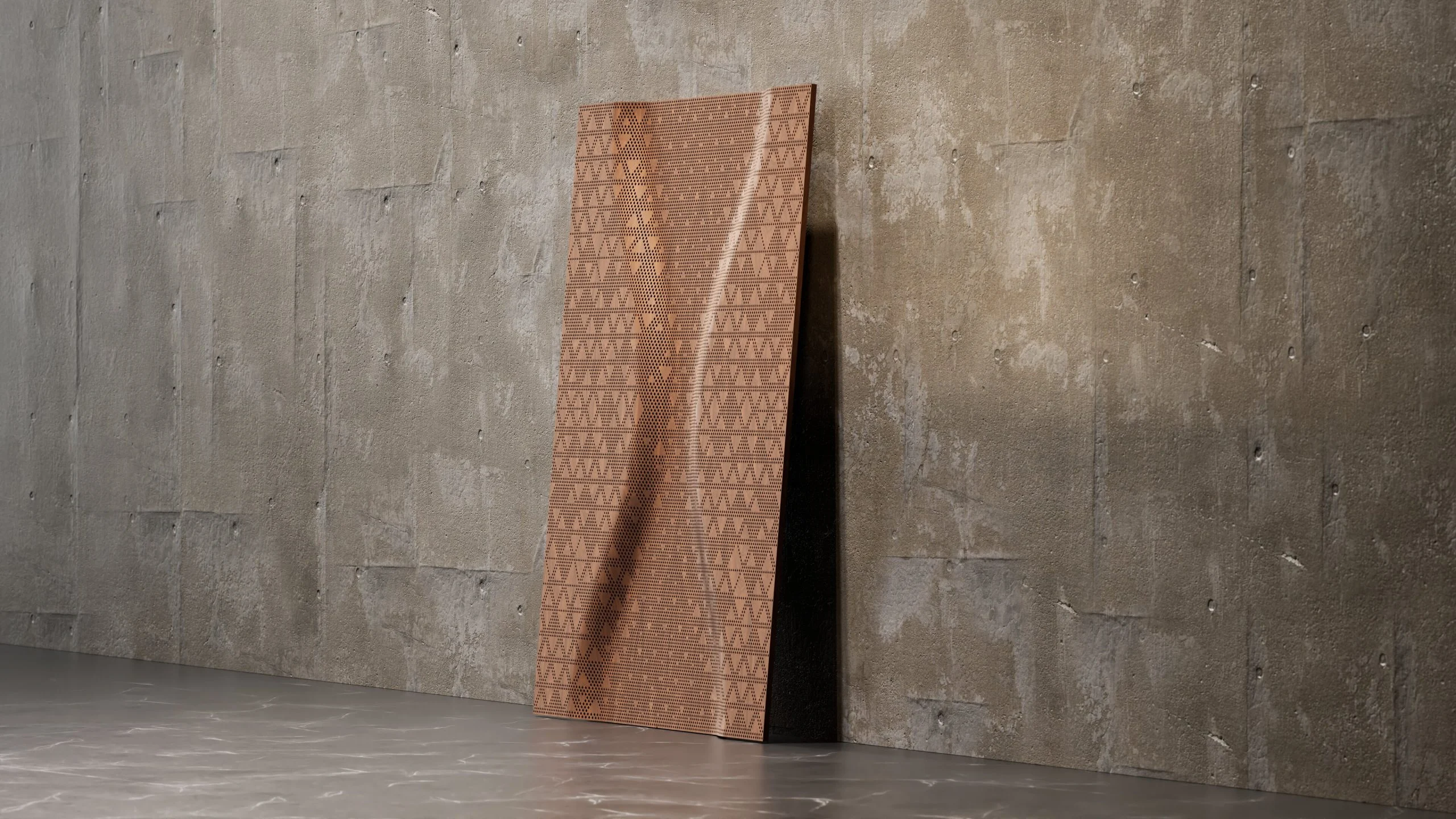 Render di un pannello color rame con un motivo ondulato di triangoli appoggiato a una parete di cemento – Pannelli Woodflow-Skin Strong by Form, Milano, Italia, 2025 – design di prodotto