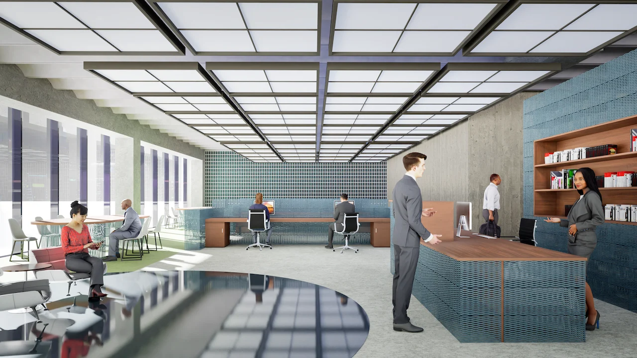 Render di un ufficio open space con scrivanie e pareti rivestite in rete metallica blu sotto un soffitto a griglia – Collezione in rete metallica ItalMesh, Milano, Italia, 2025 – design di prodotto