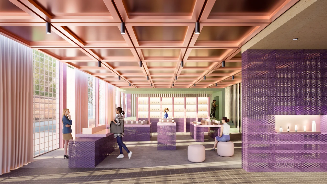 Render di un negozio con banconi espositivi in rete lilla, soffitto a cassettoni color rame e tende rosa – Collezione in rete metallica ItalMesh, Milano, Italia, 2025 – design di prodotto