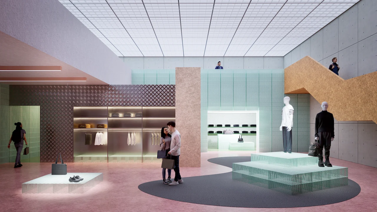 Render di un negozio con pareti rivestite in rete metallica, podi espositivi in vetro e un pavimento alla veneziana rosa – Collezione in rete metallica ItalMesh, Milano, Italia, 2025 – design di prodotto
