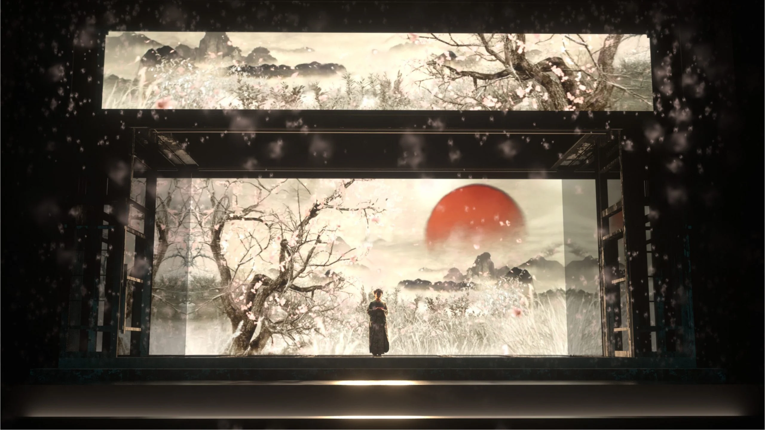 Render della scenografia: una figura solitaria in una cornice di pali di legno davanti a un albero in fiore e un sole rosso – Madama Butterfly al Festspielhaus di Baden-Baden, Germania, 2025 – scenografia d'opera