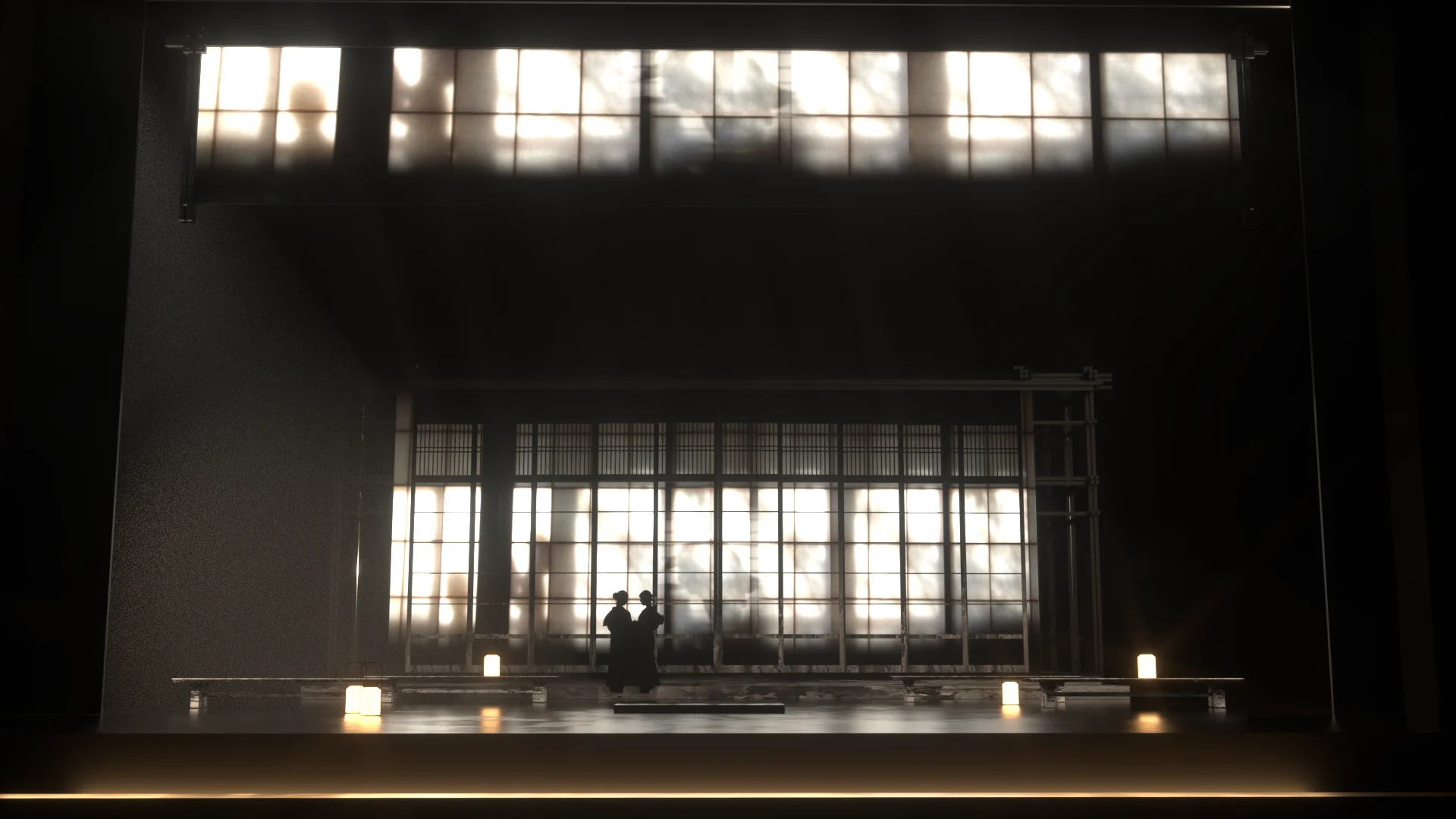 Render della scenografia: interno in penombra di una casa giapponese con shoji retroilluminati e due figure in silhouette – Madama Butterfly al Festspielhaus di Baden-Baden, Germania, 2025 – scenografia d'opera