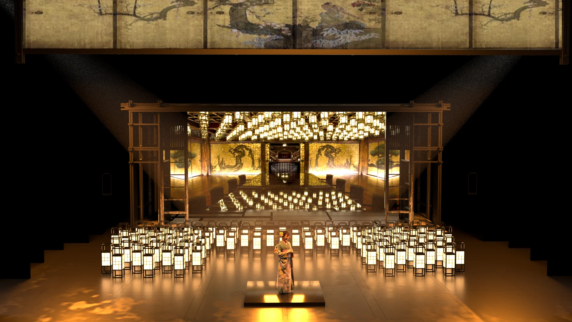Render della scenografia: una donna in kimono tra file di lanterne di carta luminose davanti a paraventi dorati dipinti – Madama Butterfly al Festspielhaus di Baden-Baden, Germania, 2025 – scenografia d'opera