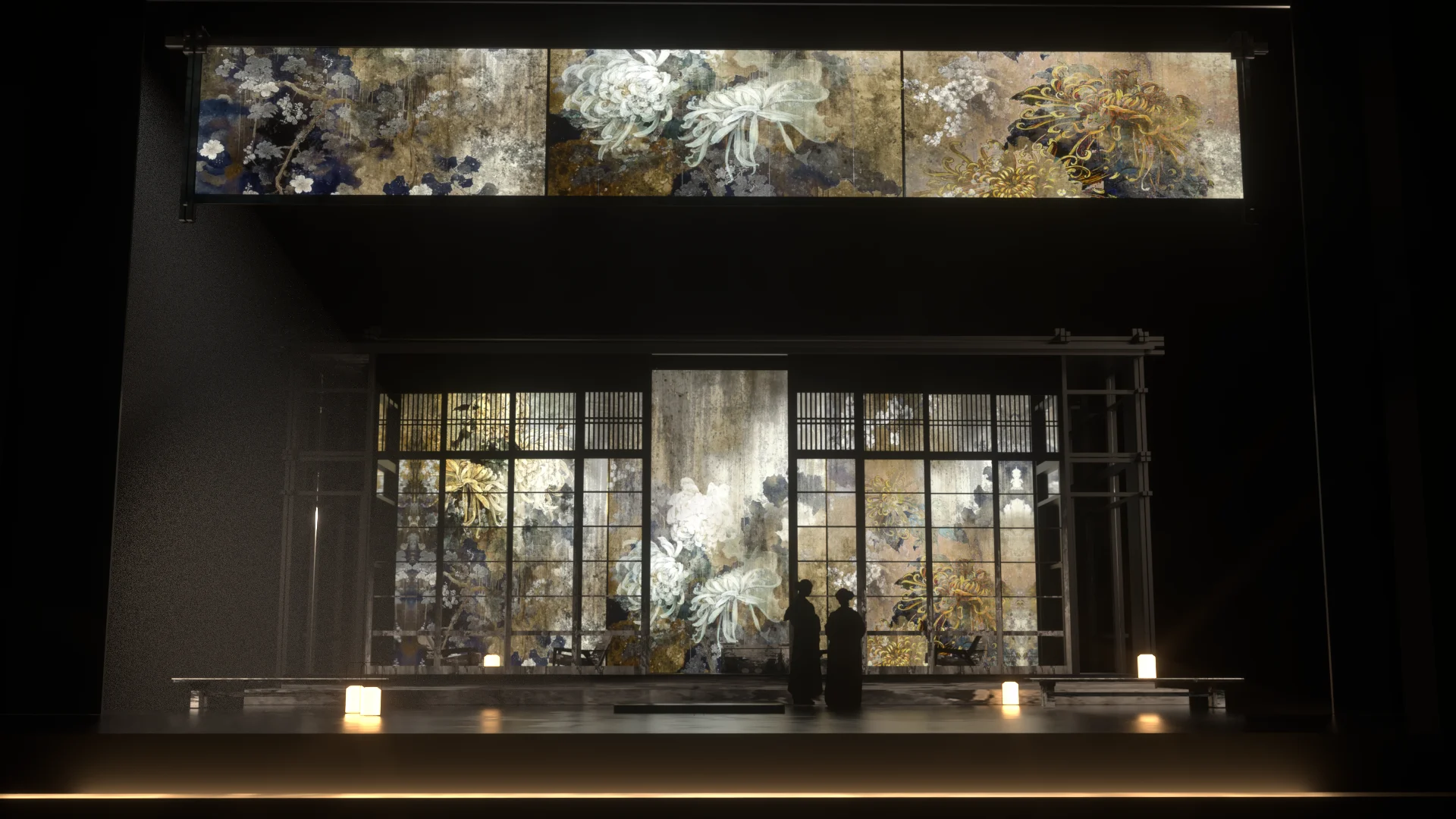 Render della scenografia con shoji dipinti a crisantemi e due figure in piedi al centro – Madama Butterfly al Festspielhaus di Baden-Baden, Germania, 2025 – scenografia d'opera