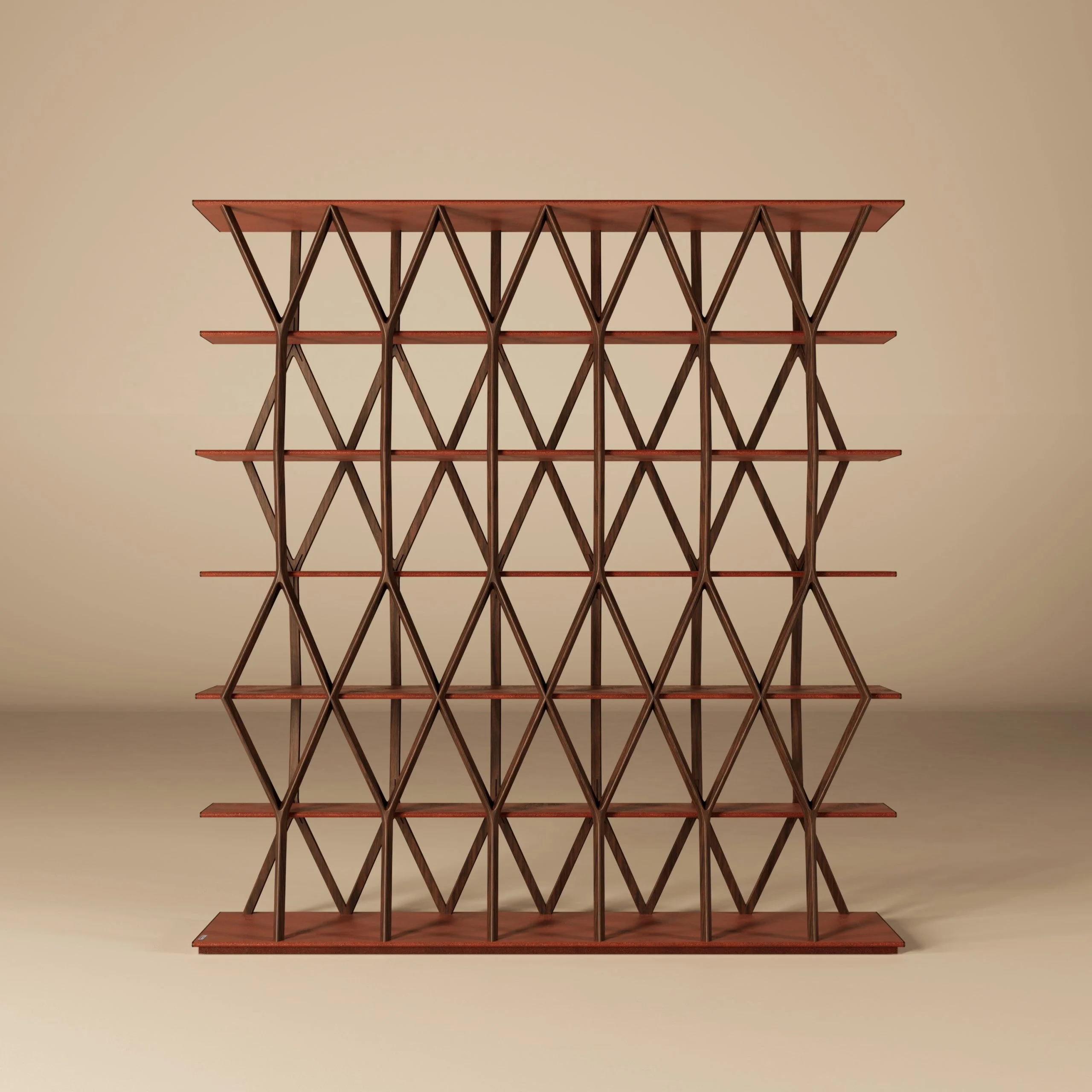 Libreria a ripiani in legno con telaio a reticolo di rombi su sfondo beige – Collezione FRAME Tonino Lamborghini, Milano, Italia, 2025 – design di prodotto
