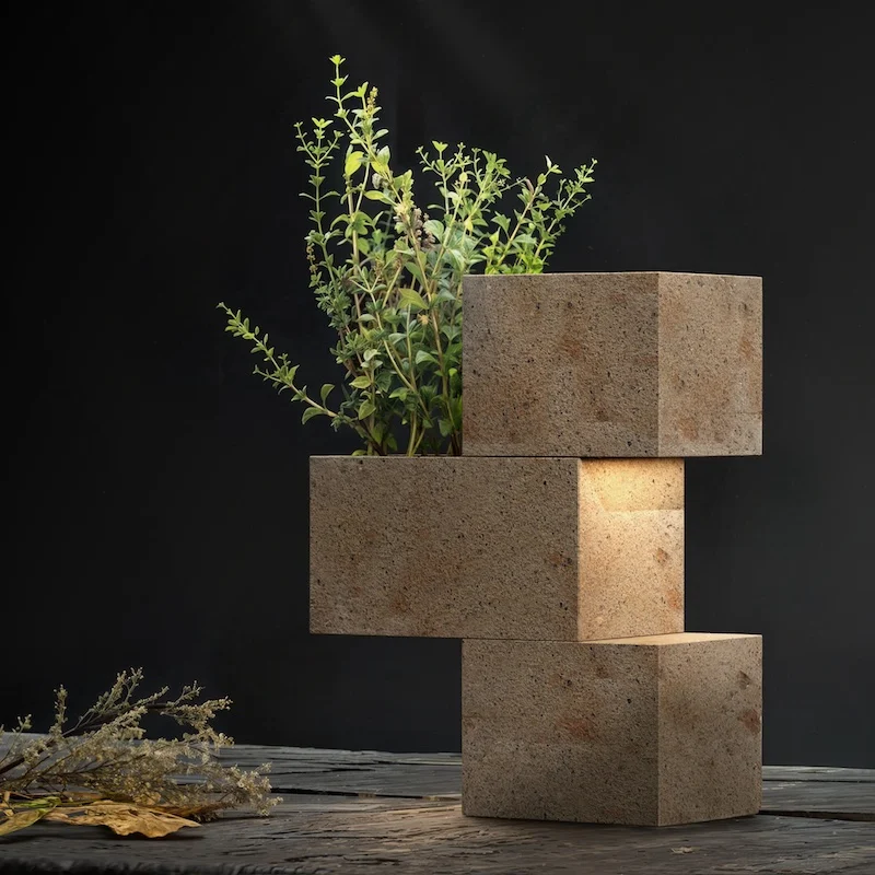 Lampada e fioriera a blocchi di pietra impilati, luce tra i blocchi, ramo secco su un tavolo di legno – Arredi in porfido Porfido Pedretti, Milano, Italia, 2025 – design di prodotto