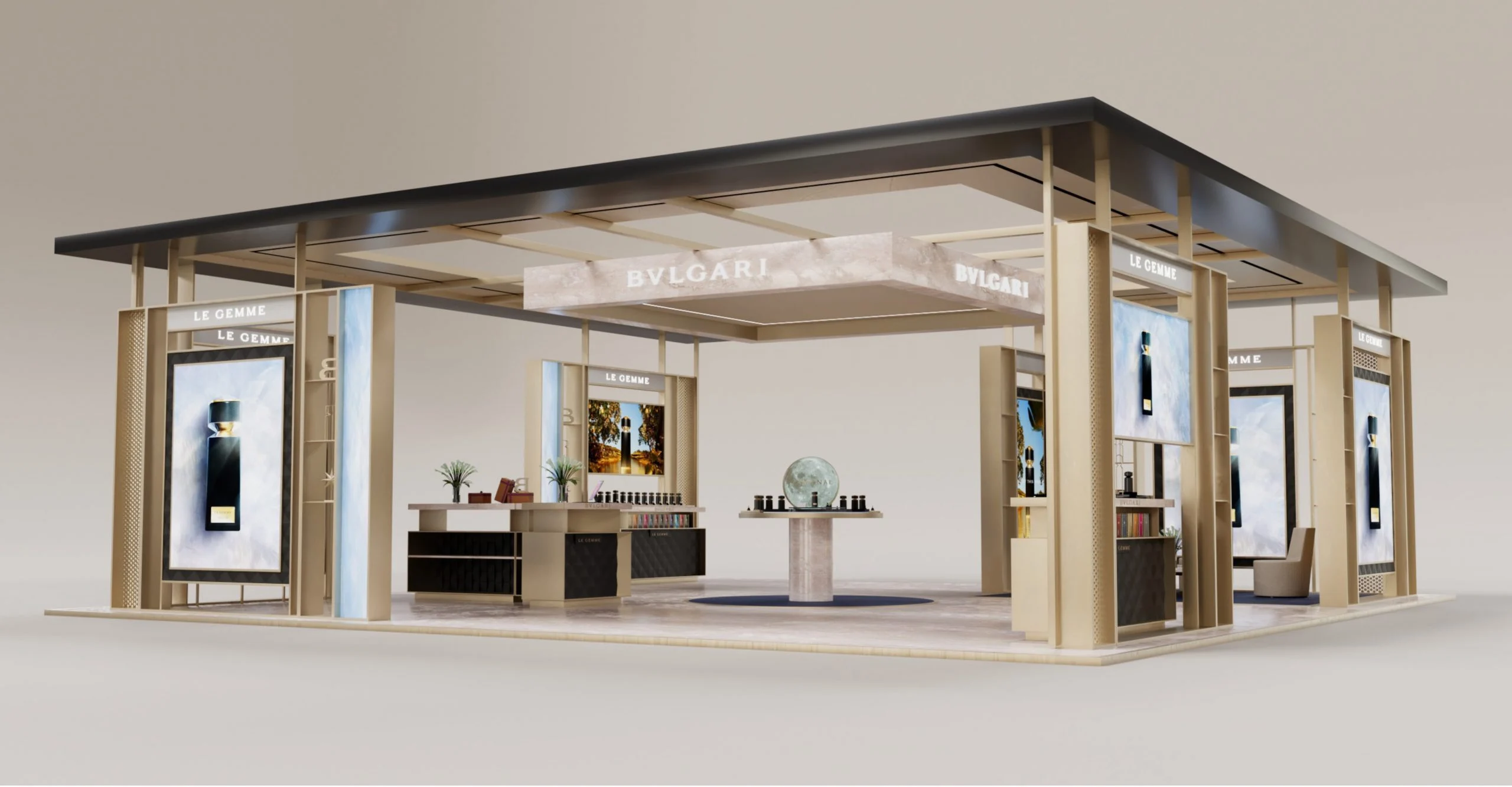 Render del padiglione commerciale Le Gemme: telaio dorato, tetto piano, pareti di profumi e un globo centrale – Bvlgari Le Gemme Amunae, 2018 – retail design