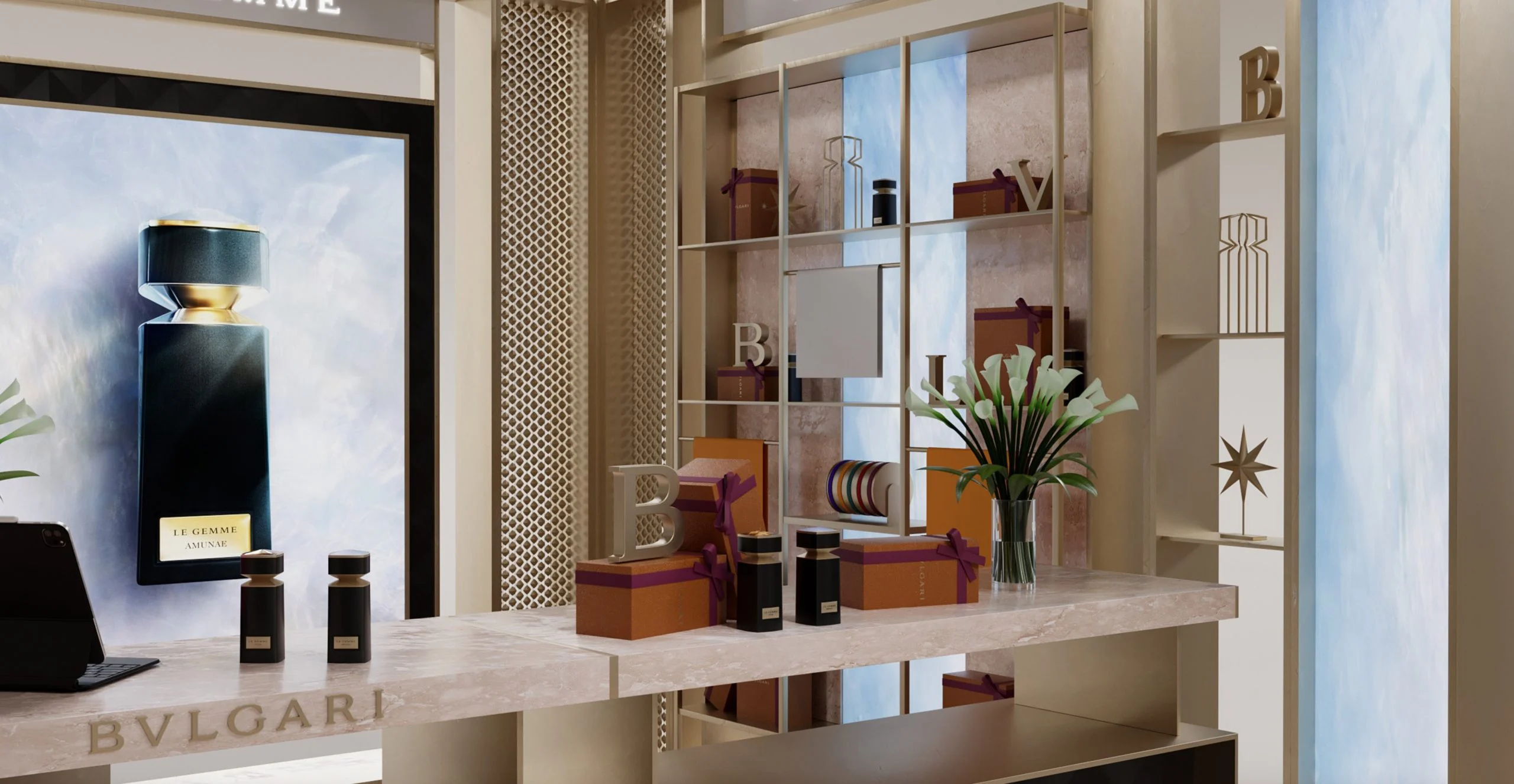Render di un angolo regali con scatole arancioni incartate, gigli e scaffali accanto al grande poster di un flacone – Bvlgari Le Gemme Amunae, 2018 – retail design