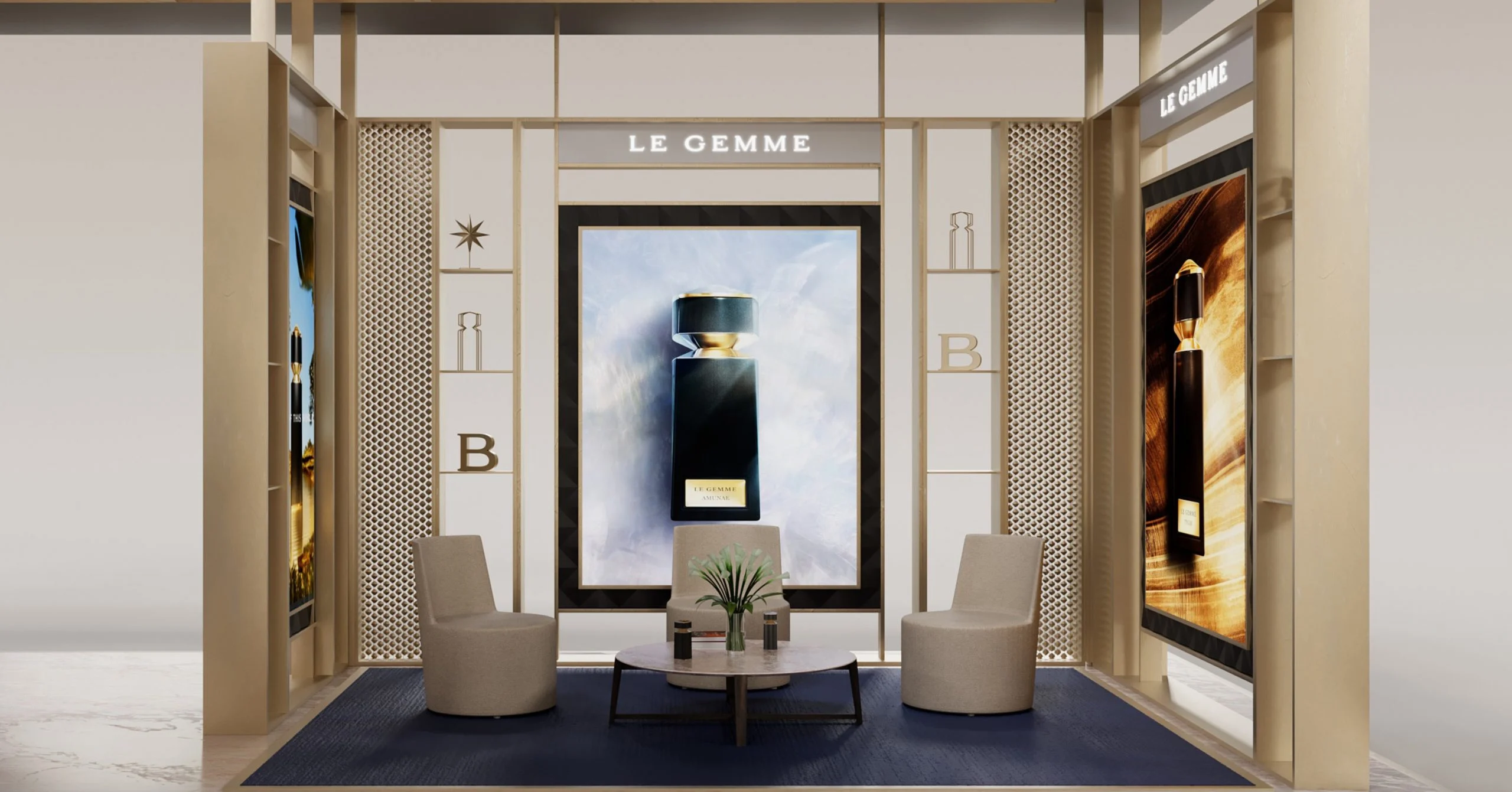 Render di una zona lounge con due poltrone e un tavolino sotto l'immagine di un flacone Le Gemme – Bvlgari Le Gemme Amunae, 2018 – retail design