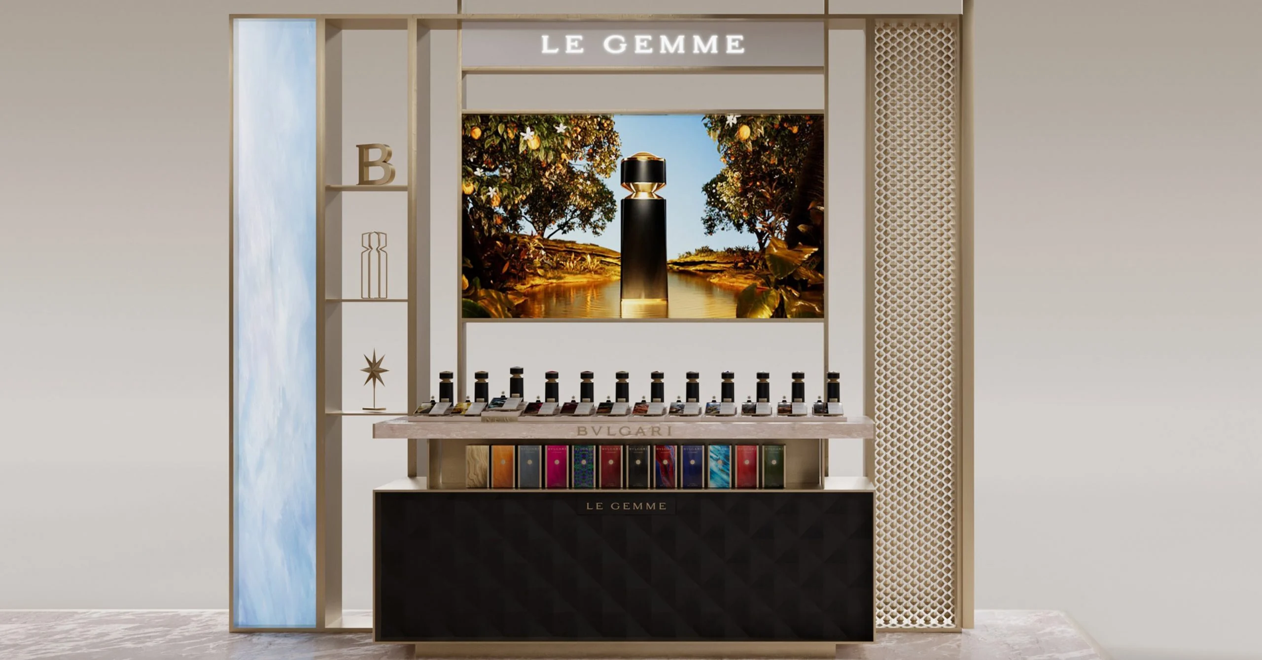 Render di una parete Le Gemme con uno schermo video sopra una fila di flaconi e un bancone nero trapuntato – Bvlgari Le Gemme Amunae, 2018 – retail design