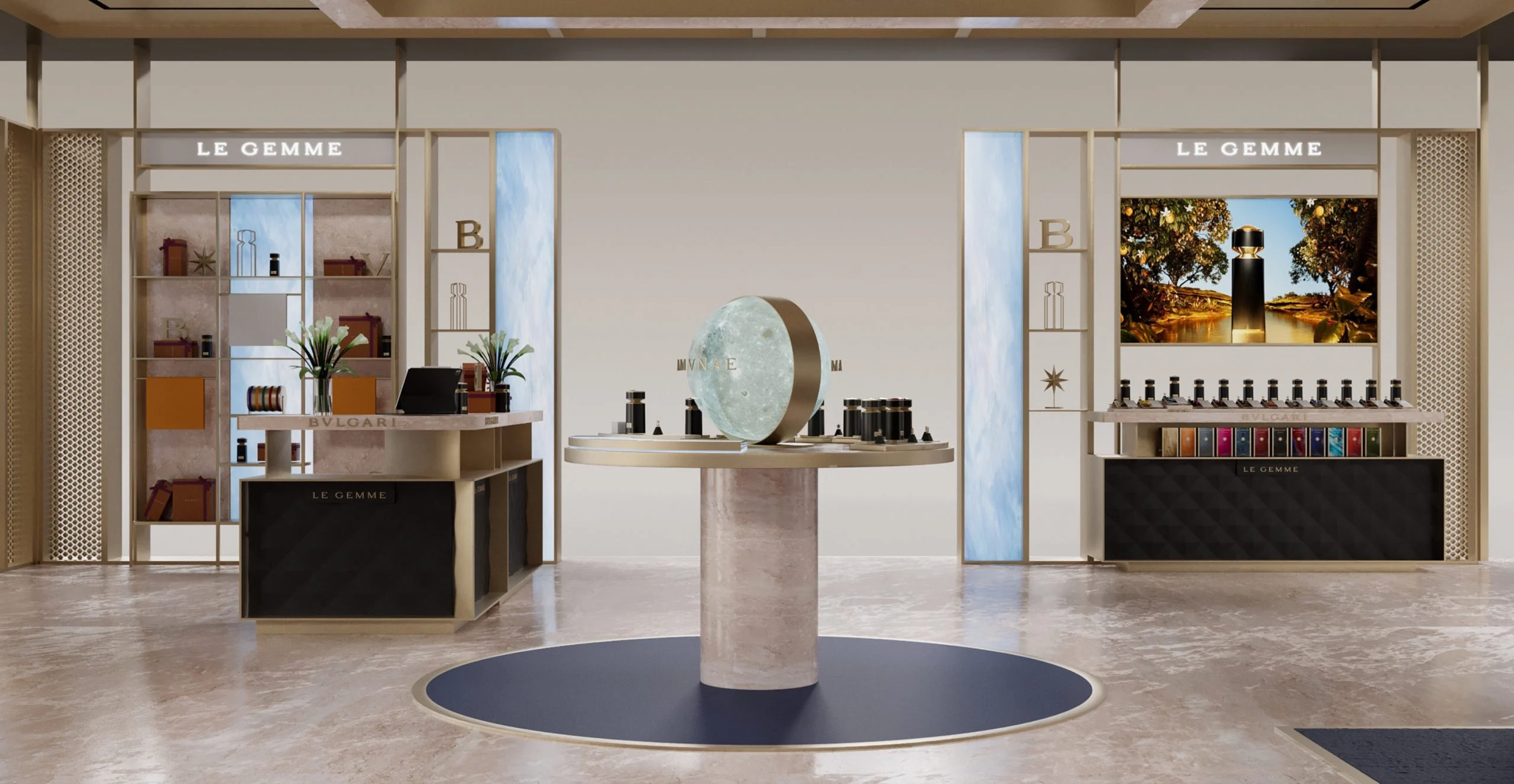 Render dell'interno del padiglione con un globo espositivo al centro e i banchi dei profumi Le Gemme – Bvlgari Le Gemme Amunae, 2018 – retail design