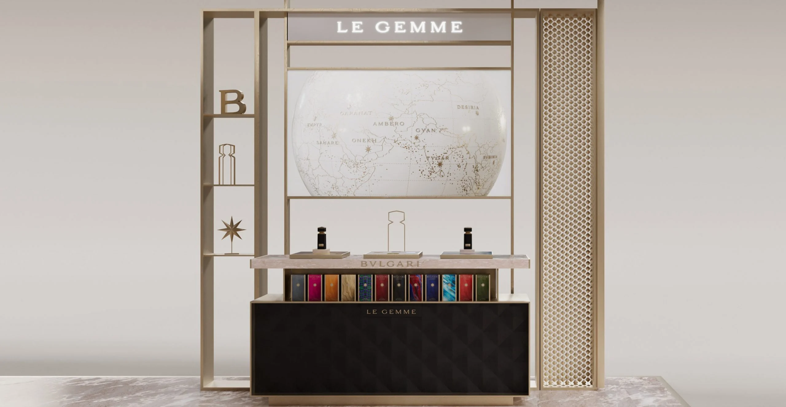 Render di un banco Le Gemme con un grande mappamondo bianco sopra una fila di flaconi di profumo – Bvlgari Le Gemme Amunae, 2018 – retail design