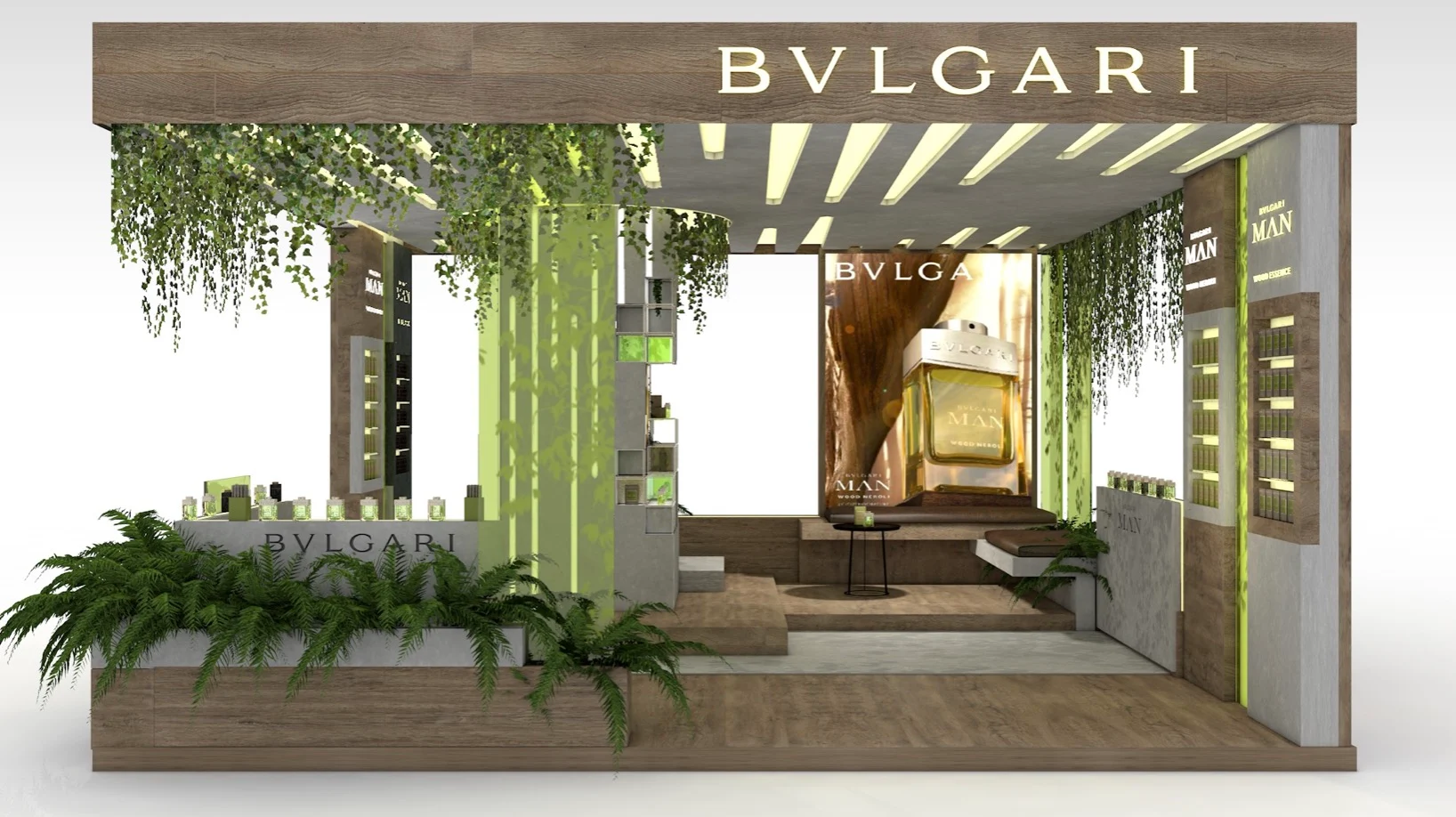 Render del pop-up Bvlgari Man Wood Neroli: struttura in legno, verde pendente, felci e una parete espositiva illuminata – Bvlgari Man Wood Neroli, 2019 – retail design