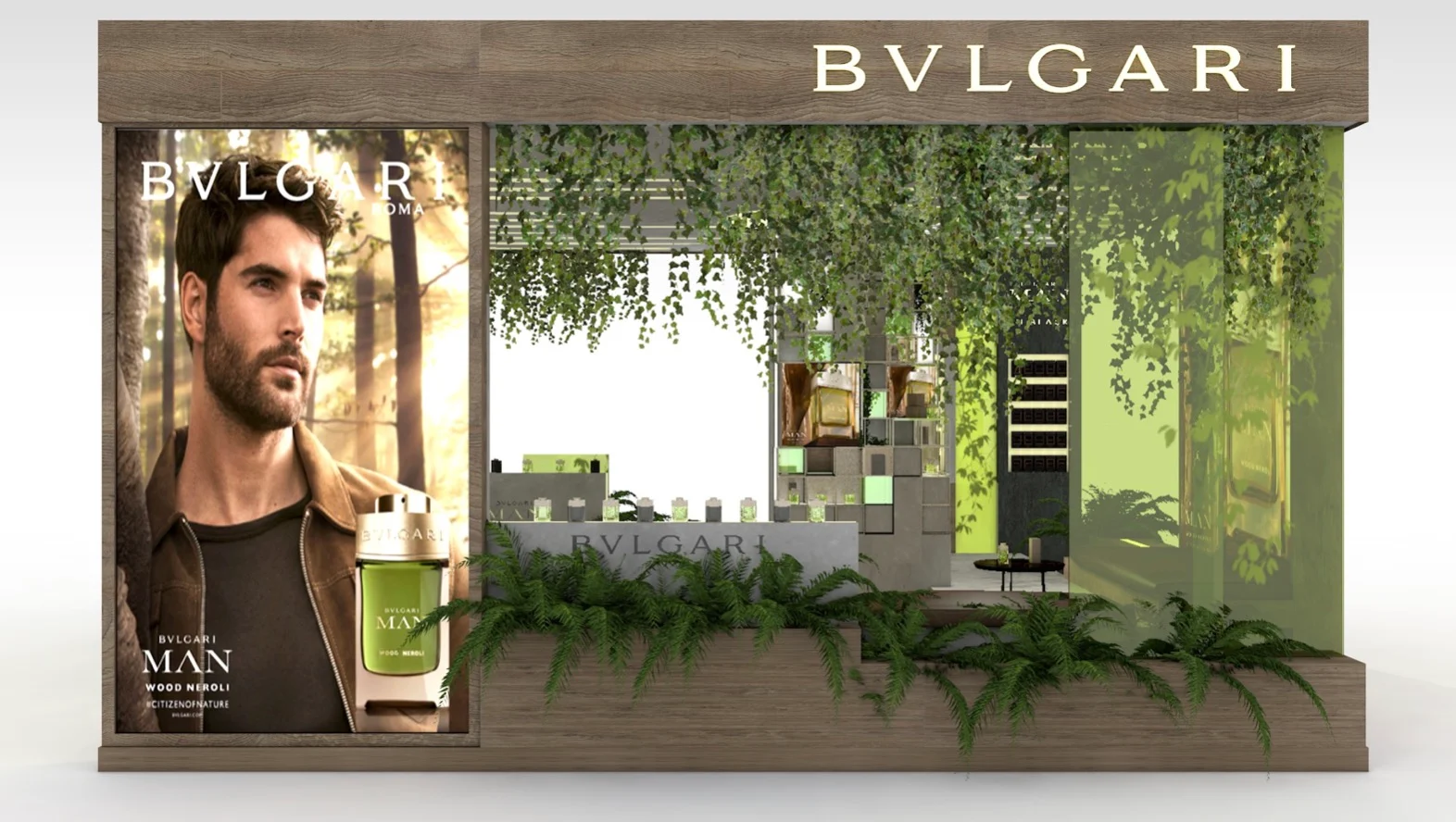 Render del fronte del pop-up con un grande poster Bvlgari Man Wood Neroli e una fioriera di felci – Bvlgari Man Wood Neroli, 2019 – retail design
