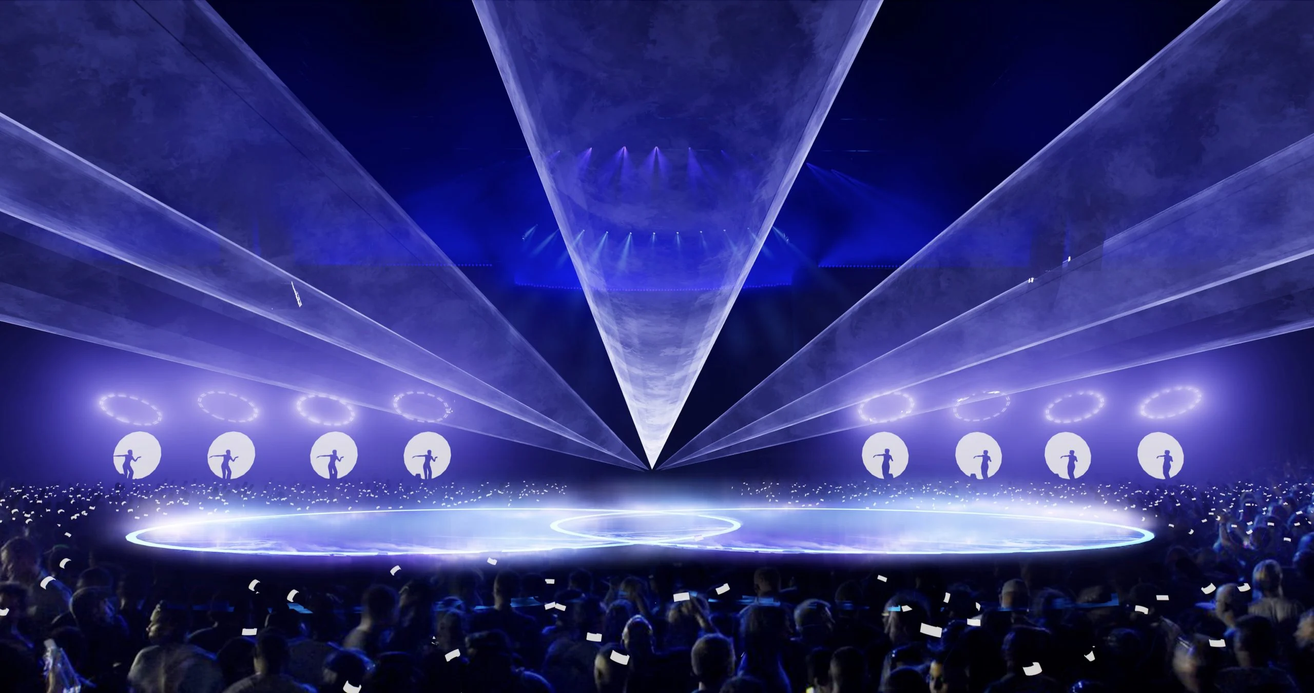 Render di fasci laser che convergono sul palco ovale, con figure in silhouette dentro anelli di luce – Cesare Cremonini Live25, Italia, 2025 – scenografia per concerti