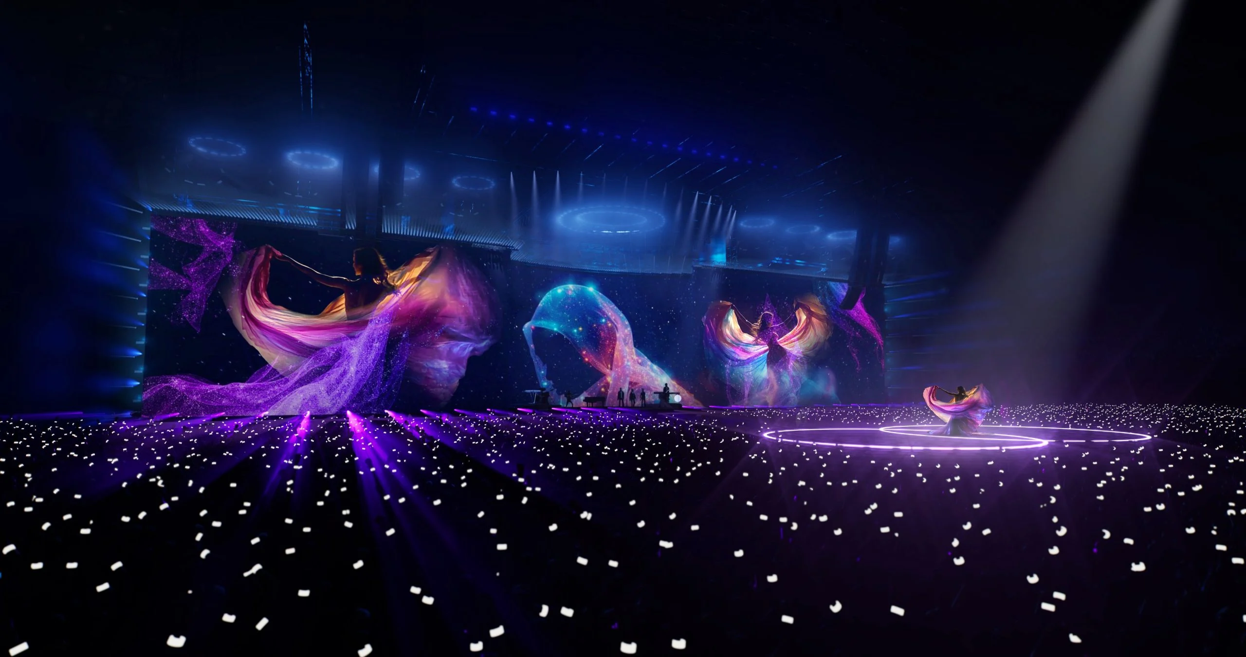 Render di ballerini con tessuti viola fluttuanti proiettati sullo schermo e pubblico con le luci in mano – Cesare Cremonini Live25, Italia, 2025 – scenografia per concerti