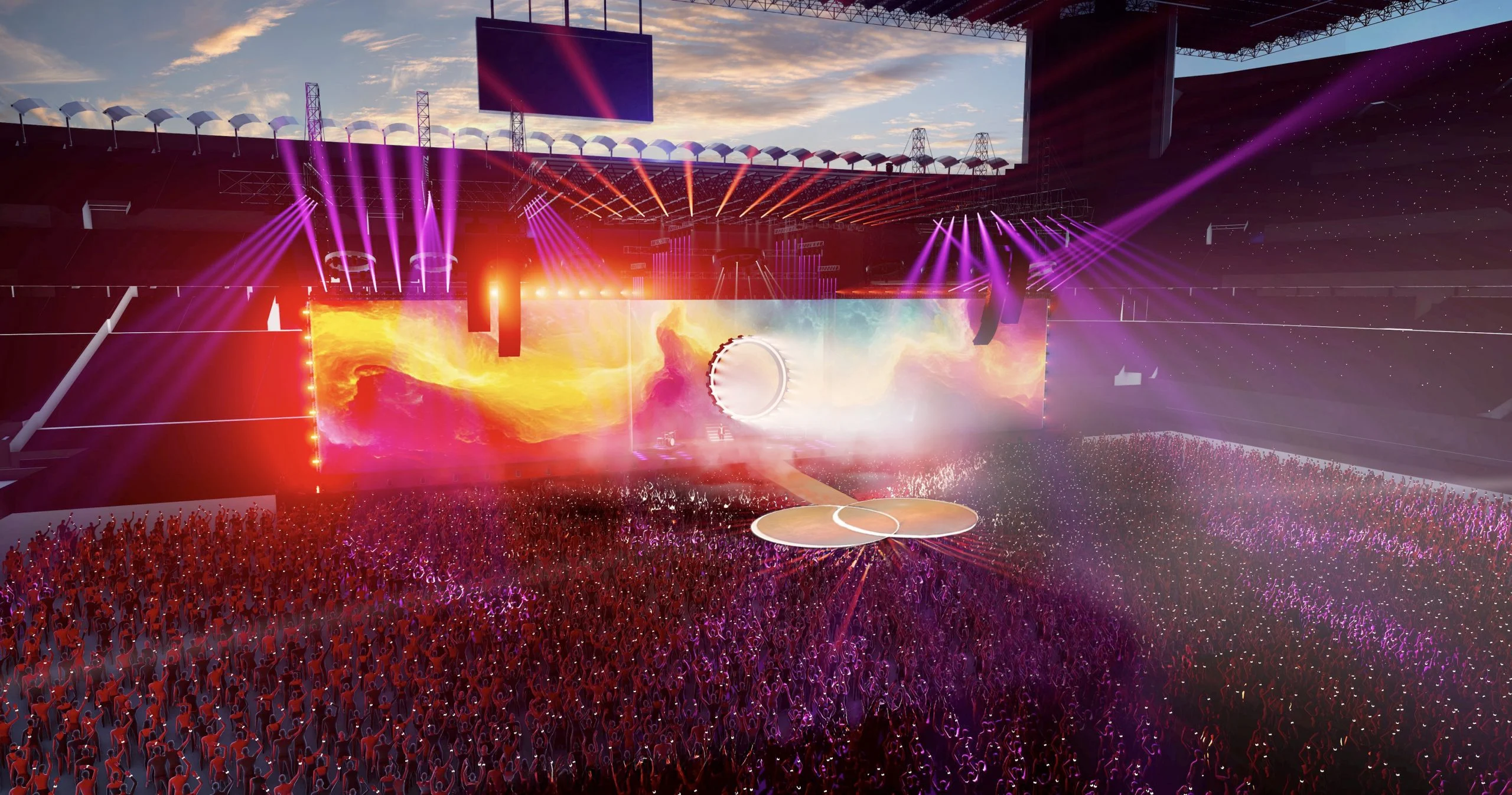 Render del palco dello stadio al tramonto, uno schermo panoramico con aurore colorate e fasci viola sul pubblico – Cesare Cremonini Live25, Italia, 2025 – scenografia per concerti
