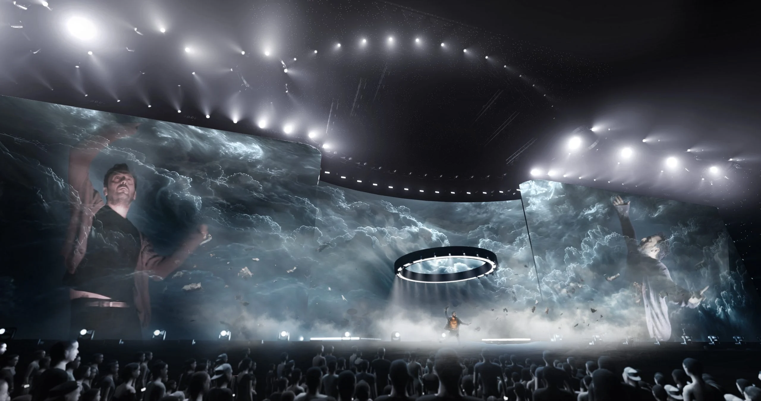 Render di un panorama di nuvole temporalesche sullo schermo curvo con un anello di luce sospeso sopra il palco – Cesare Cremonini Live25, Italia, 2025 – scenografia per concerti