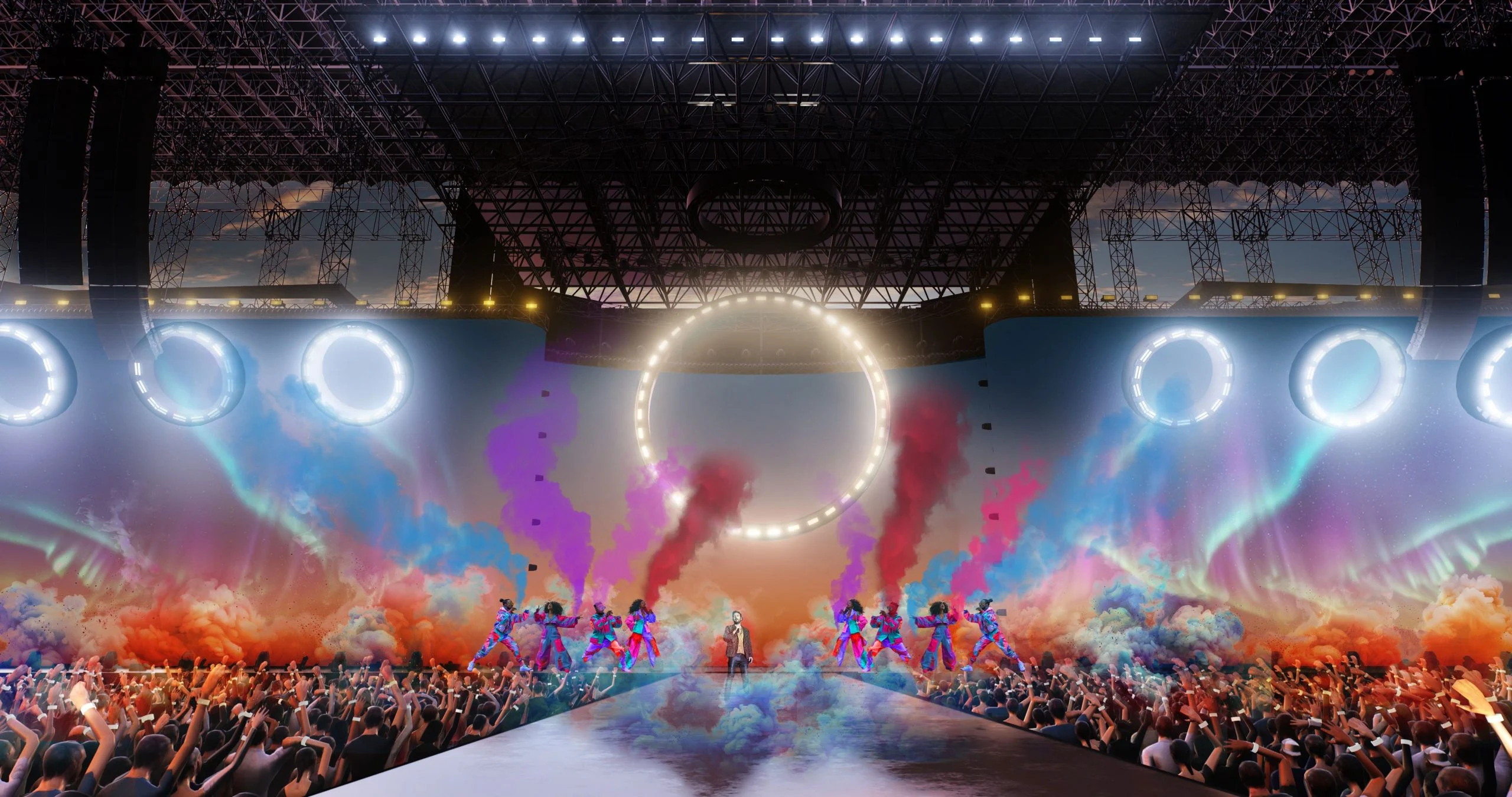 Render di ballerini e fumo colorato sulla passerella davanti a uno schermo con l'aurora incorniciato da un anello di luci – Cesare Cremonini Live25, Italia, 2025 – scenografia per concerti