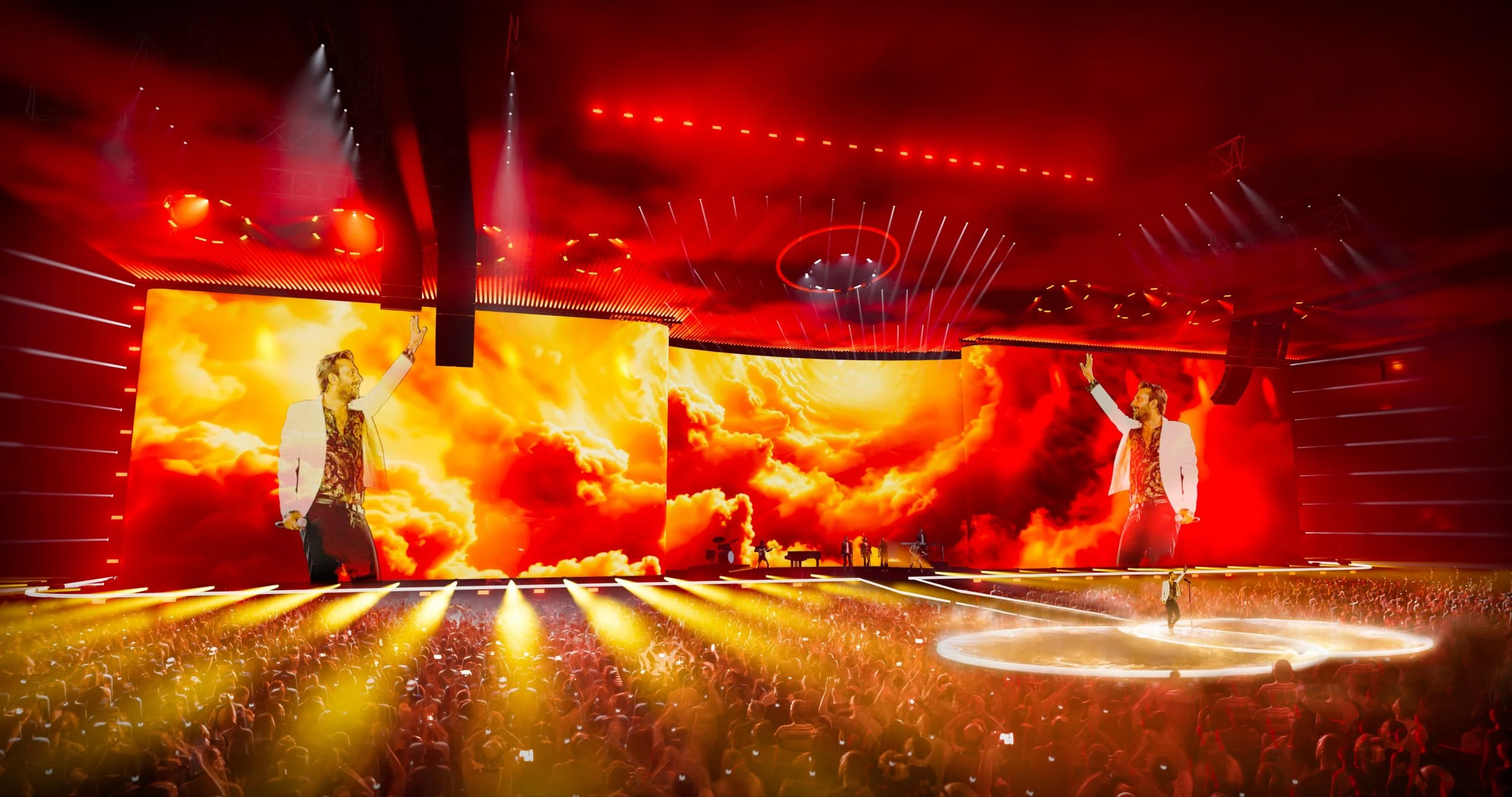 Render dello schermo cinemascope acceso di nuvole infuocate, con il cantante su entrambi i lati – Cesare Cremonini Live25, Italia, 2025 – scenografia per concerti
