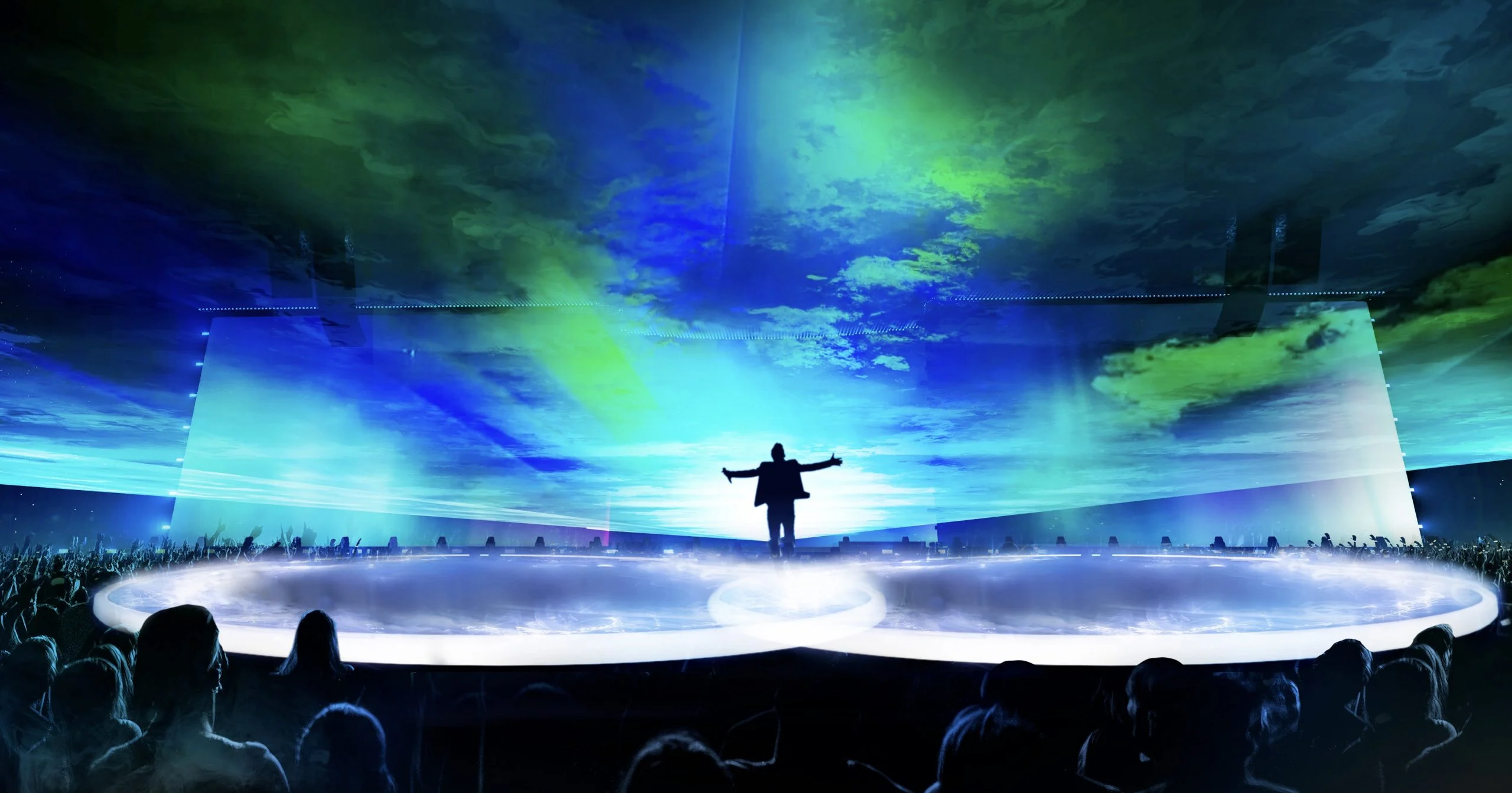 Render di un cantante in silhouette a braccia aperte su un palco circolare nella nebbia sotto aurore verdi e blu – Cesare Cremonini Live25, Italia, 2025 – scenografia per concerti