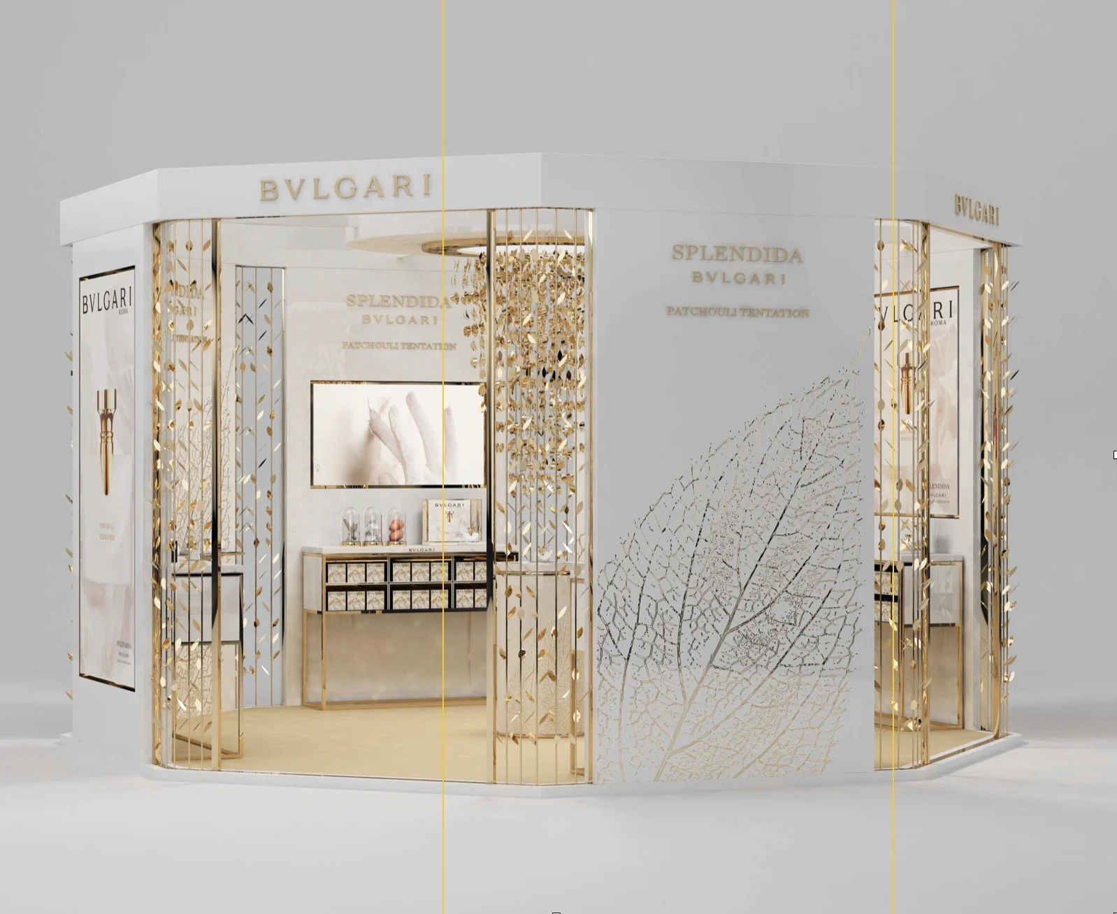 Render del chiosco bianco Bvlgari Patchouli Tentation con schermi dorati a motivi di foglie – Bvlgari Patchouly Tentation, 2020 – retail design
