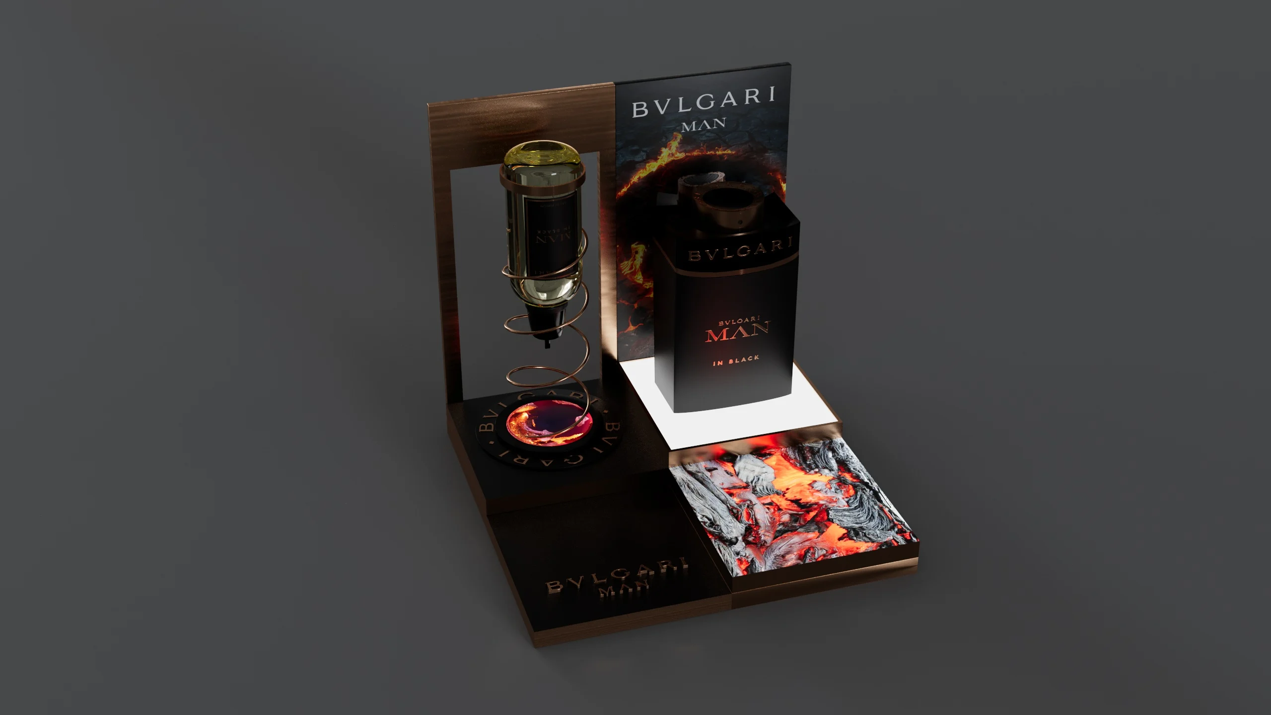 Render di una singola postazione di ricarica per Bvlgari Man in Black con spirale in rame e grafiche a braci – Bvlgari Man Refill Station, 2018 – retail design