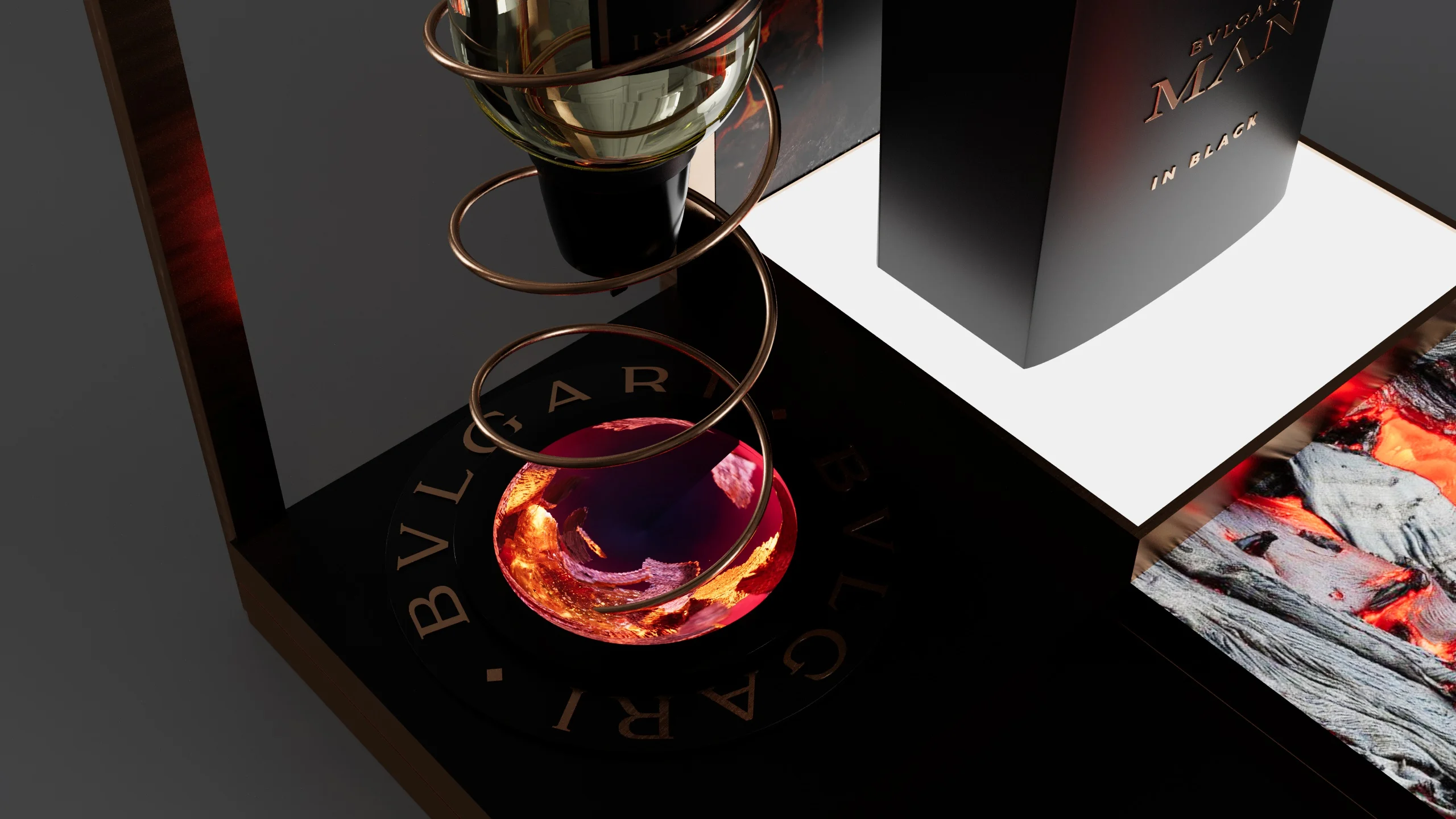 Render di dettaglio della spirale in rame che regge un flacone capovolto sopra una base rossa luminosa – Bvlgari Man Refill Station, 2018 – retail design
