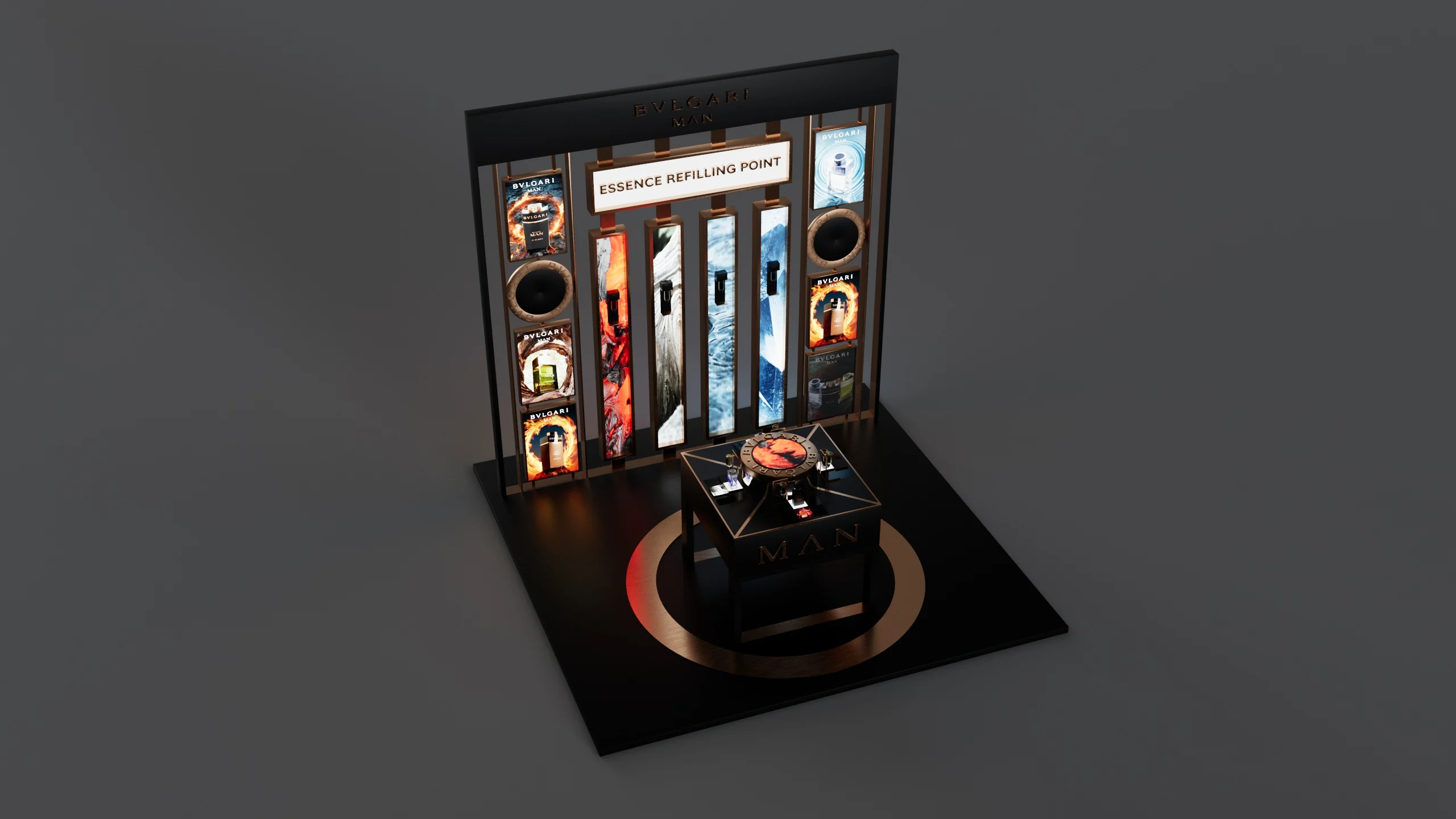 Render della stazione di ricarica dall'alto: pedana scura, anello in rame e pannelli illuminati – Bvlgari Man Refill Station, 2018 – retail design