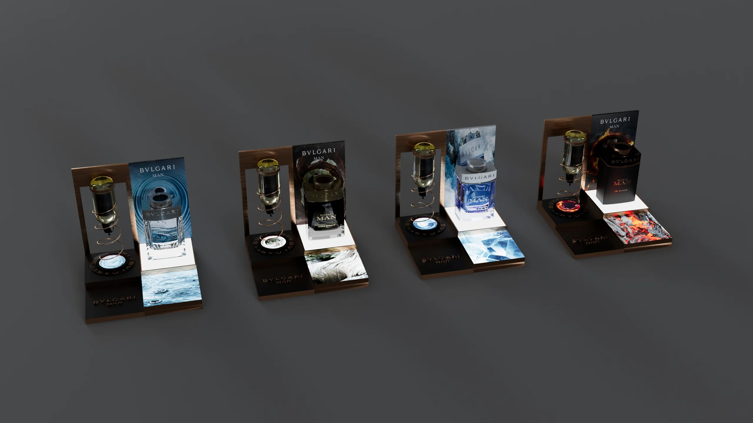 Render di quattro postazioni di ricarica Bvlgari Man, ognuna con un flacone capovolto e una scatola di profumo – Bvlgari Man Refill Station, 2018 – retail design