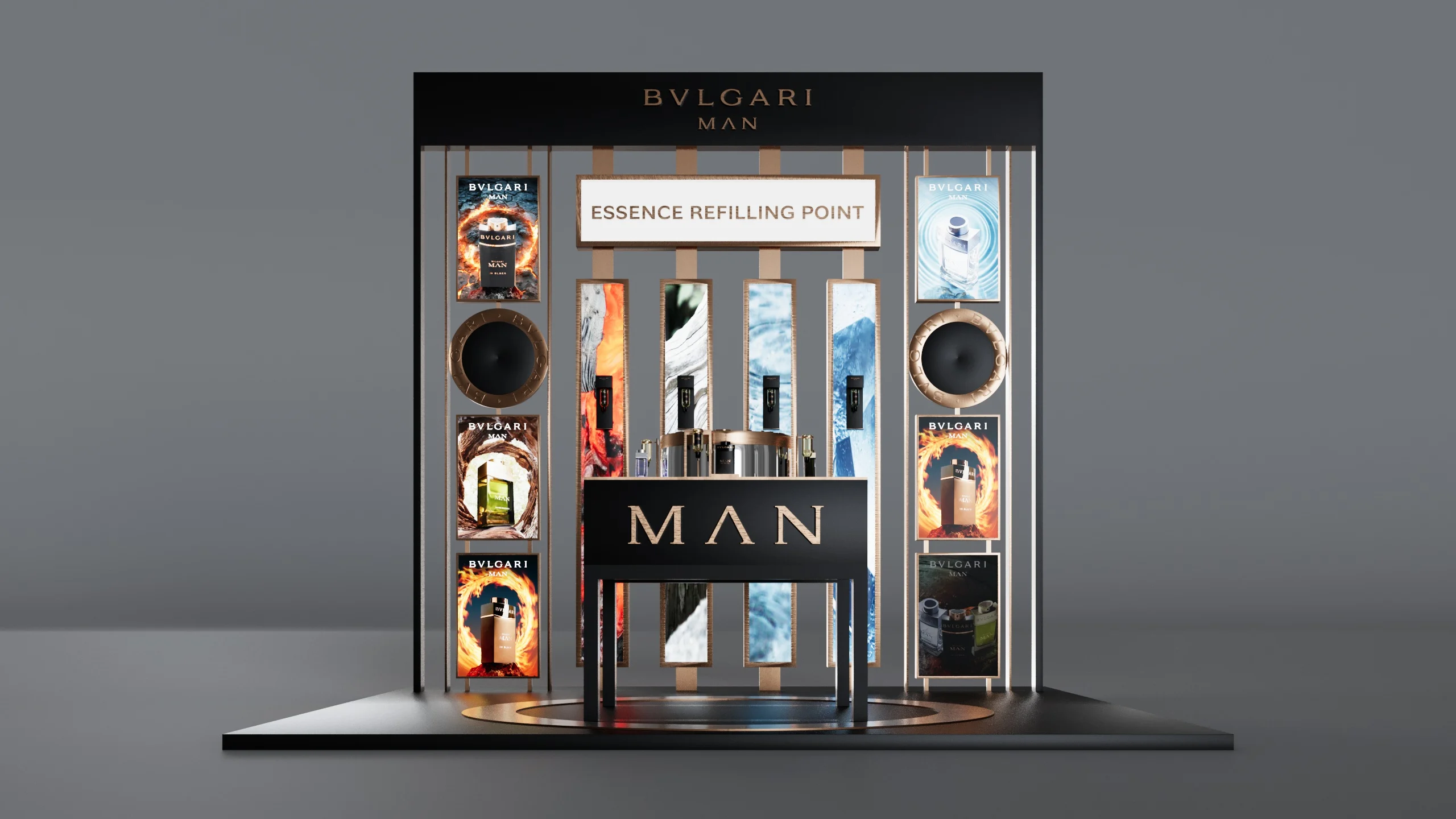 Render del Bvlgari Man Essence Refilling Point, vista frontale della parete espositiva nera e del bancone – Bvlgari Man Refill Station, 2018 – retail design