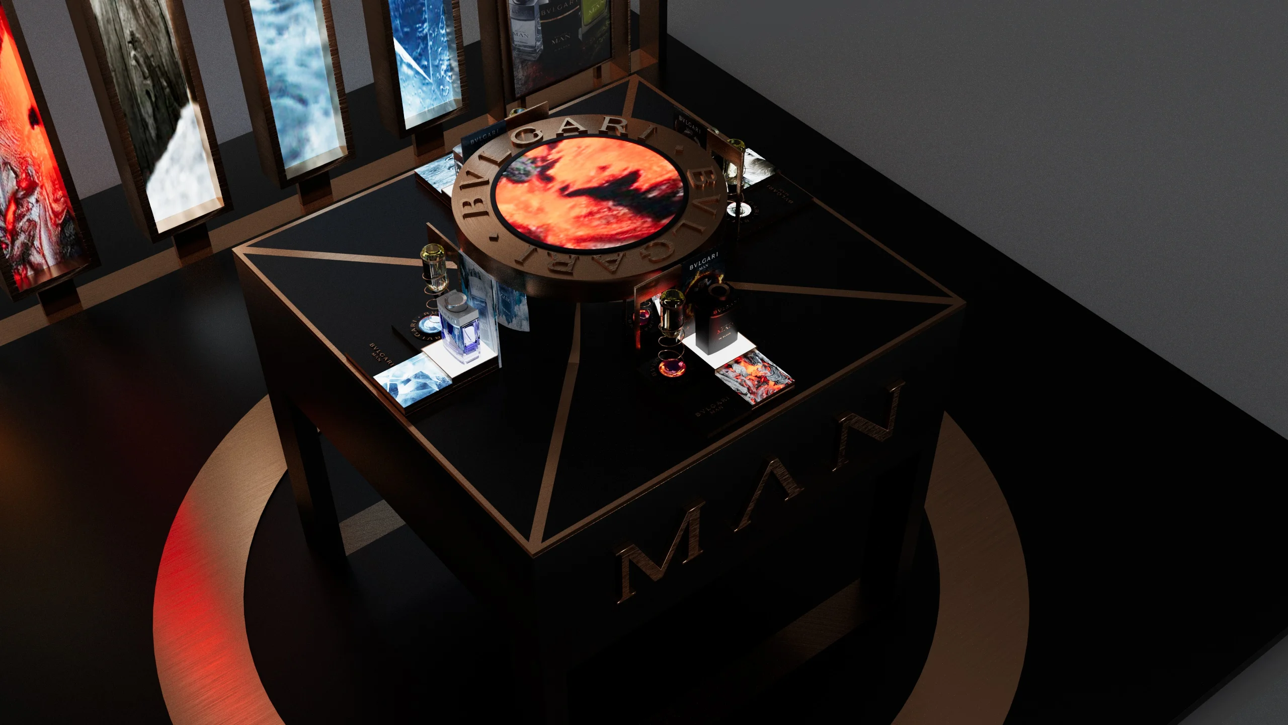 Render del piano del bancone di ricarica con un quadrante Bvlgari in rame e flaconi di profumo – Bvlgari Man Refill Station, 2018 – retail design
