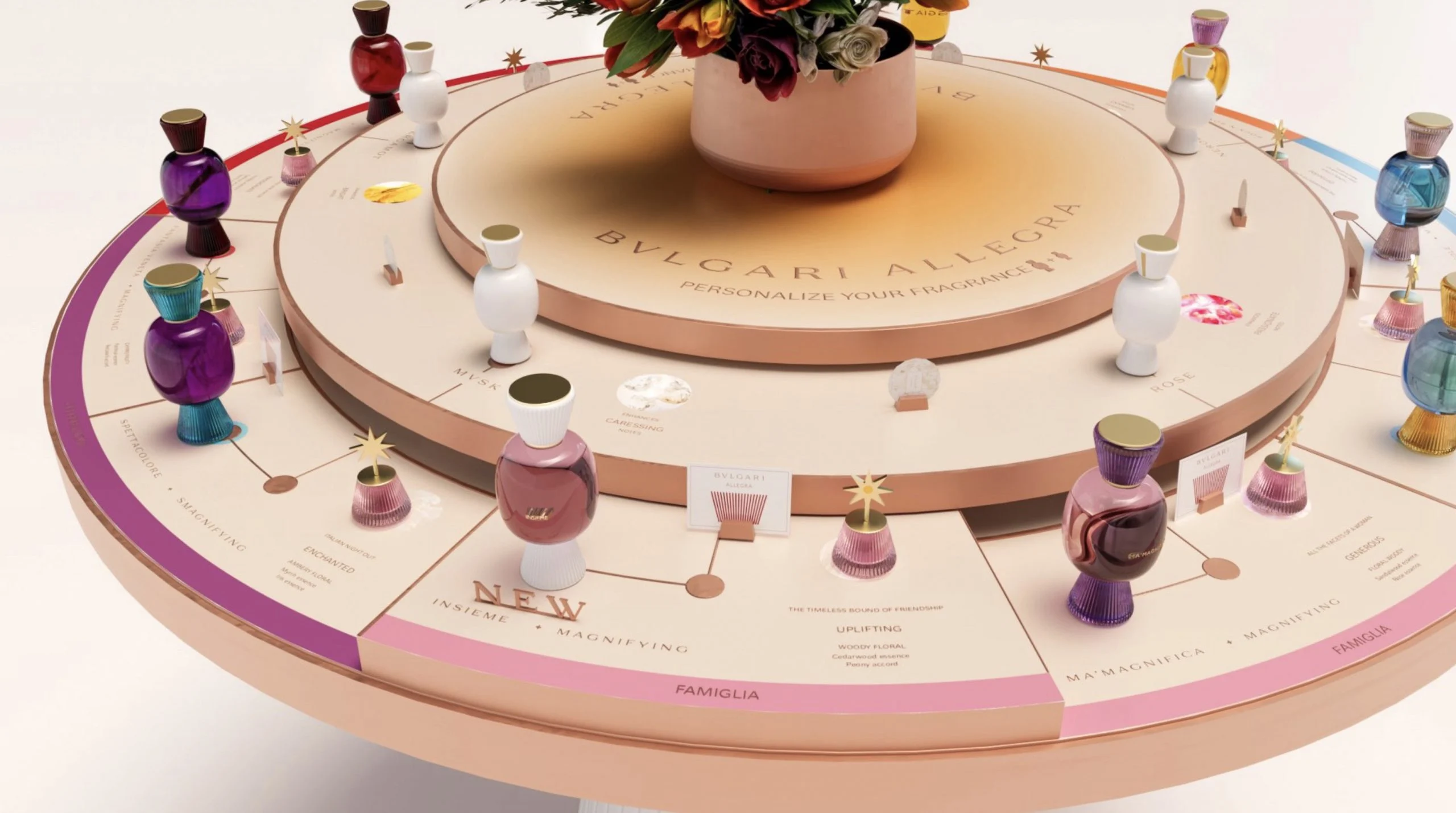 Render del fragrance bar rotondo Bvlgari Allegra con flaconi di profumo colorati intorno a un bouquet di fiori – Bvlgari Allegra Fragrance Bar, 2023 – retail design