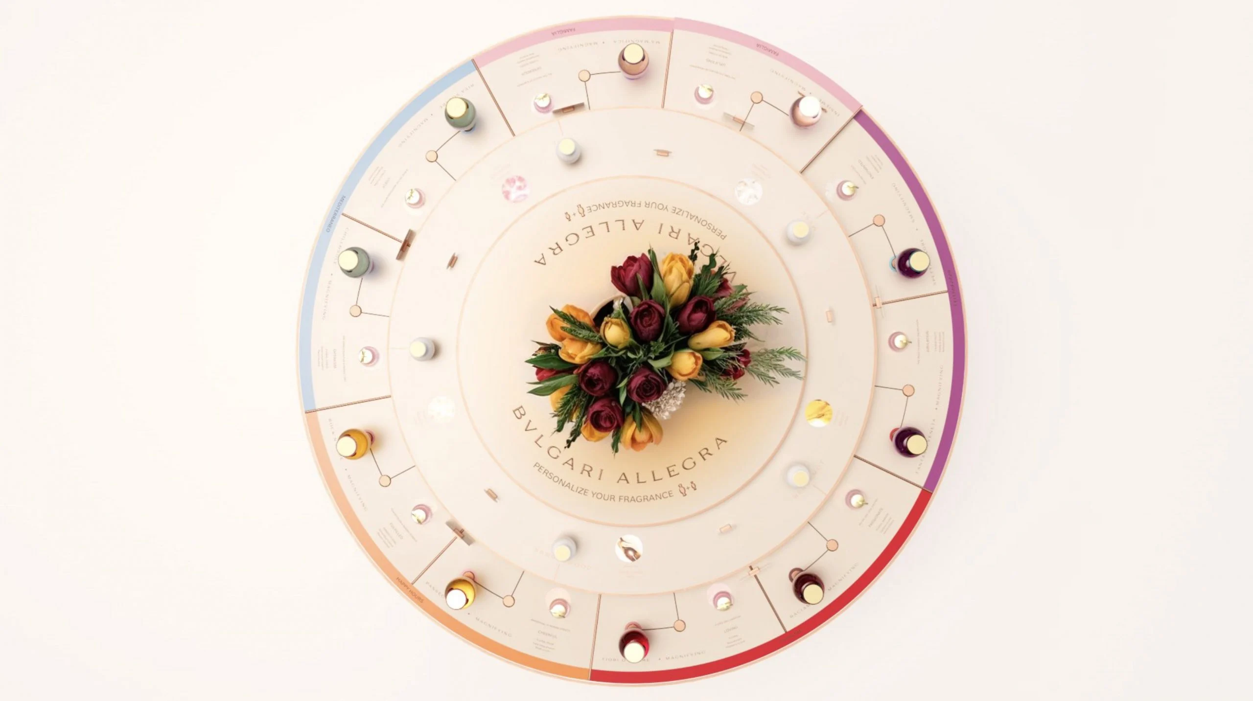 Render del fragrance bar Bvlgari Allegra visto dall'alto, un tavolo circolare con un bouquet centrale – Bvlgari Allegra Fragrance Bar, 2023 – retail design
