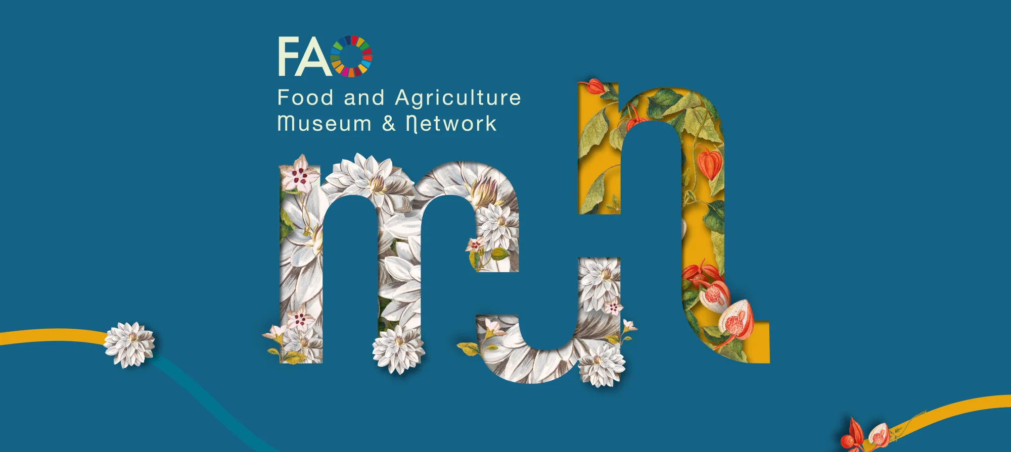 Logo FAO MuNe con le lettere riempite di fiori bianchi e illustrazioni botaniche su fondo blu – FAO MuNe Museo dell'alimentazione e dell'agricoltura, Roma, Italia, 2025 – allestimento espositivo