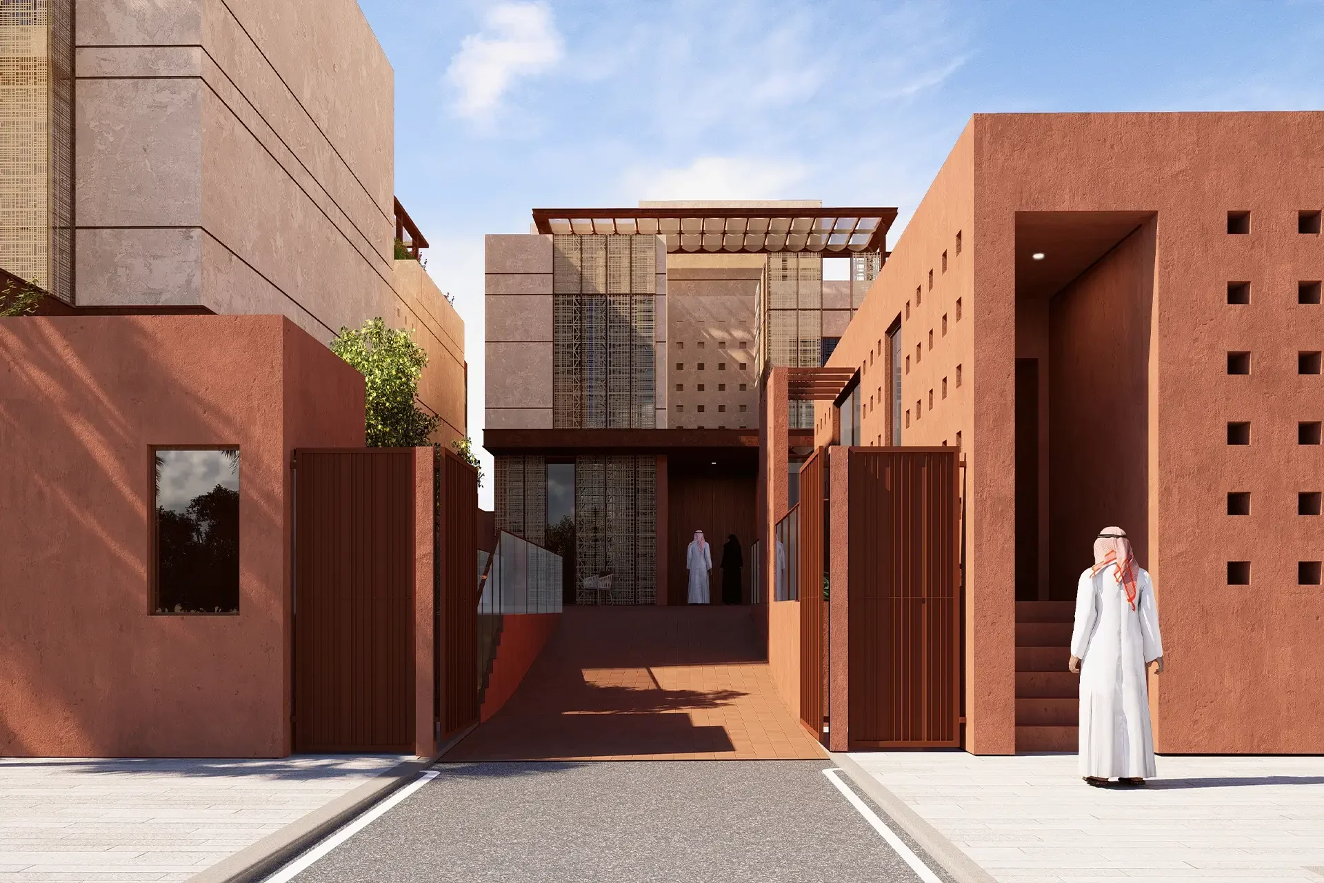 Render del viale d'ingresso di una villa tra muri color terracotta, con una facciata schermata in fondo – Radic Residences, Jeddah, Arabia Saudita, 2025 – architettura, in costruzione