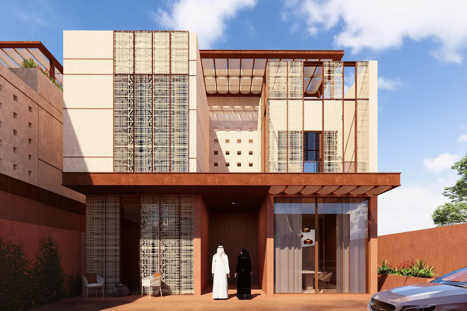Render dell'ingresso di una villa: schermature metalliche a motivi su muri color sabbia sotto una pensilina rosso ruggine – Radic Residences, Jeddah, Arabia Saudita, 2025 – architettura, in costruzione