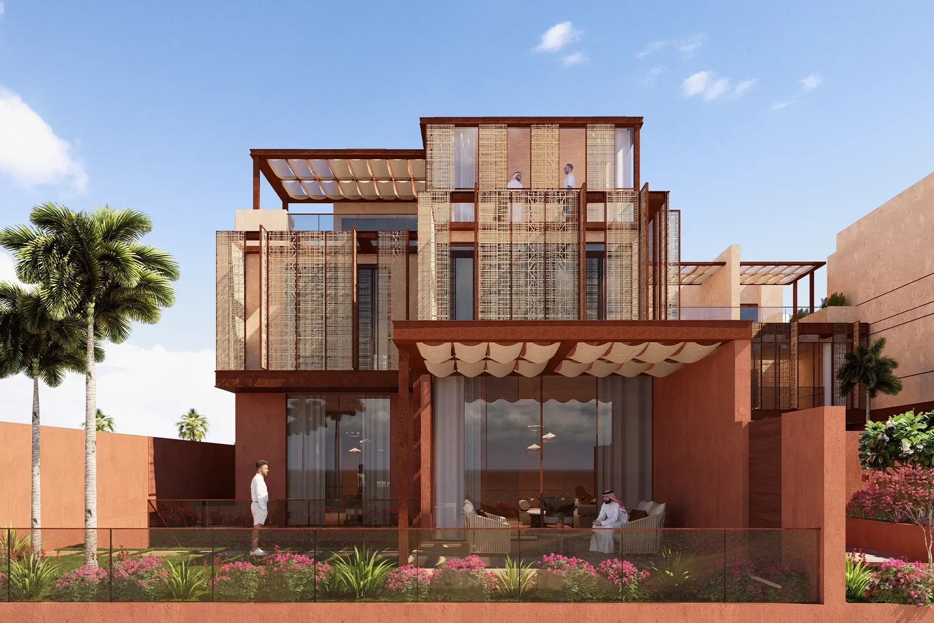 Render della facciata di una villa con schermature in legno stratificate, pergolati e una terrazza ombreggiata tra le palme – Radic Residences, Jeddah, Arabia Saudita, 2025 – architettura, in costruzione