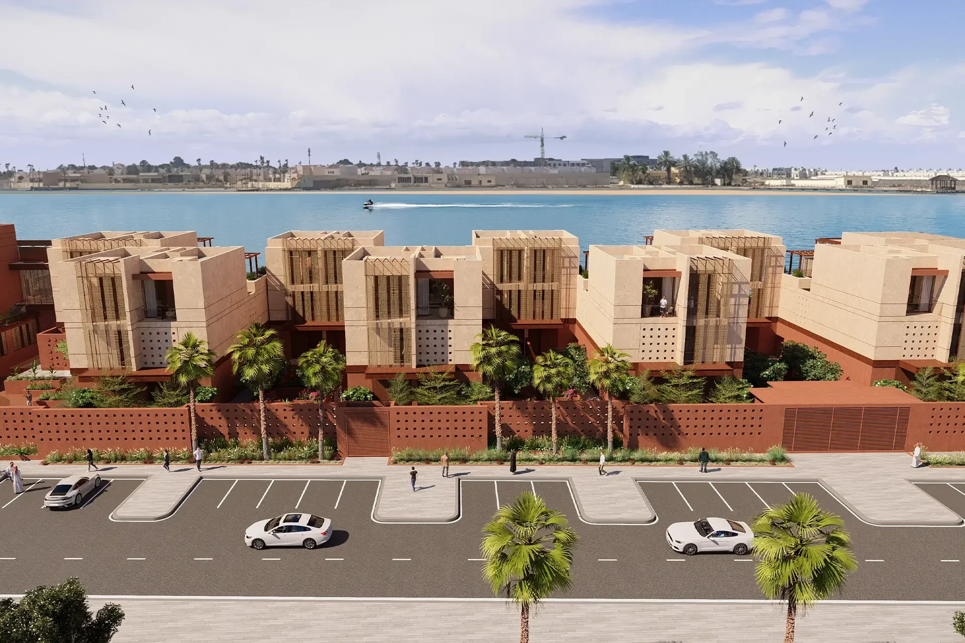 Render delle ville sul mare dall'alto: case cubiche color sabbia con schermature in legno affacciate sulla baia – Radic Residences, Jeddah, Arabia Saudita, 2025 – architettura, in costruzione