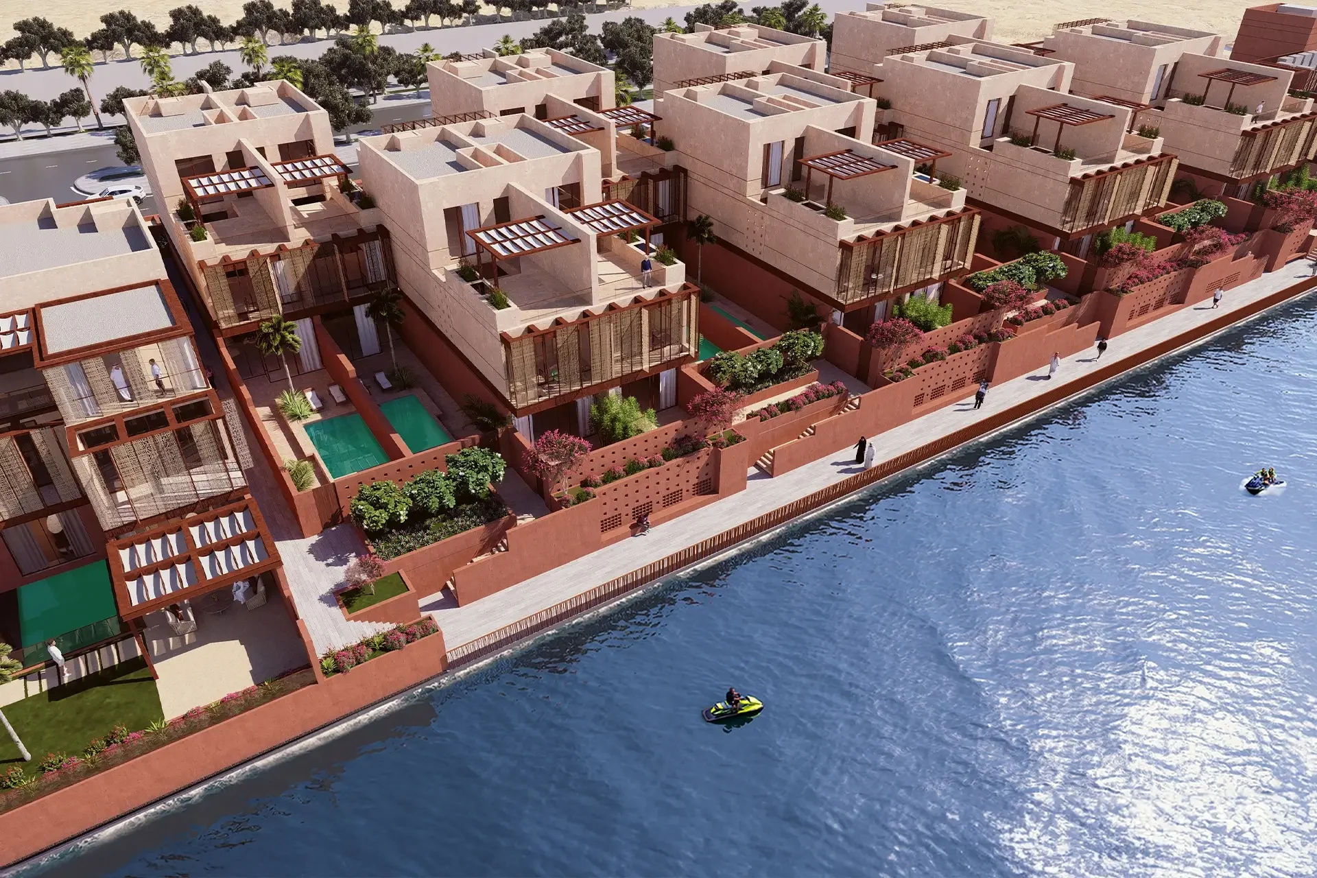Render aereo della fila di ville sul lungomare, con piscine private, terrazze e una passeggiata a mare – Radic Residences, Jeddah, Arabia Saudita, 2025 – architettura, in costruzione