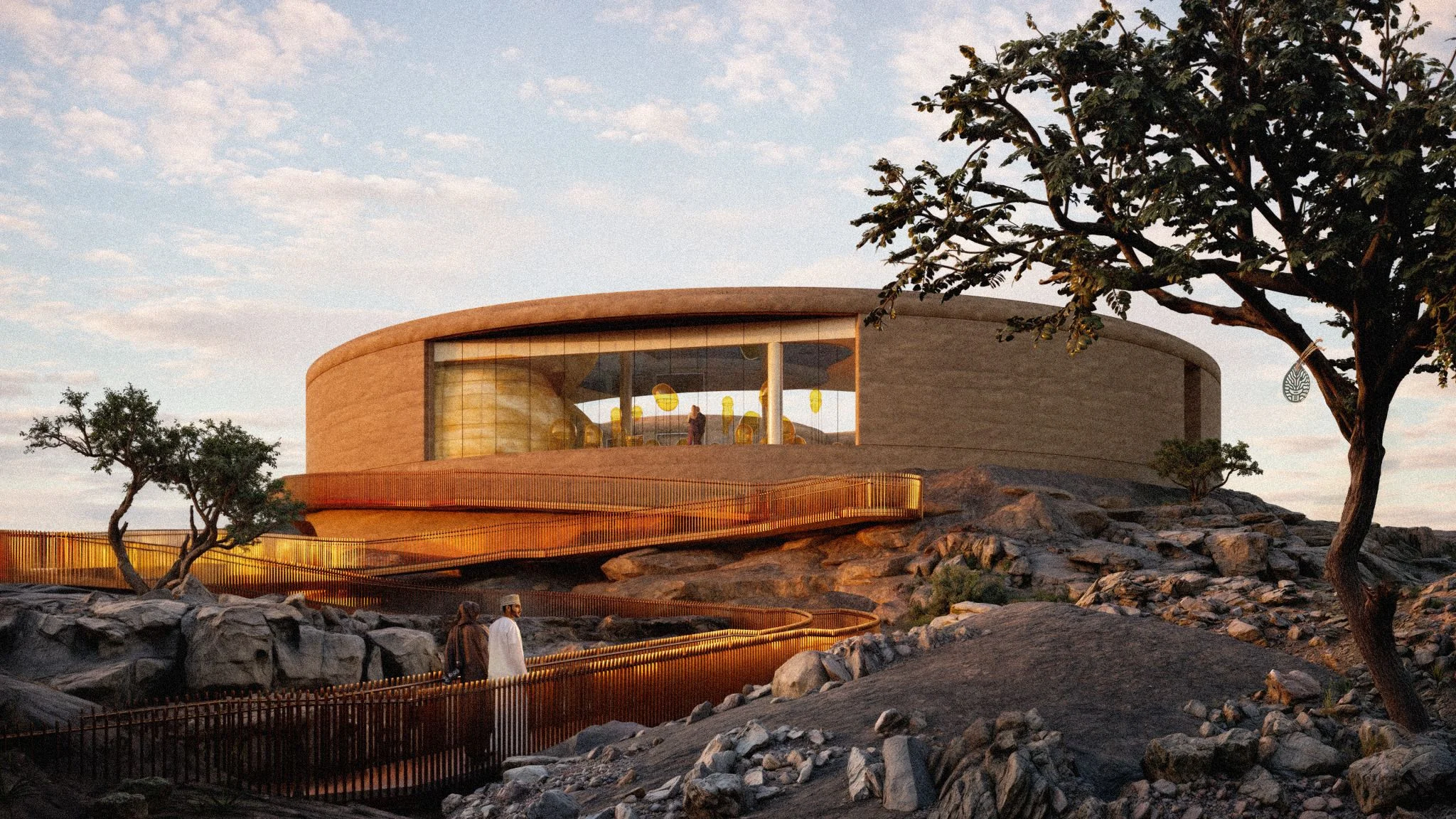 Render del centro visitatori circolare su uno sperone roccioso al crepuscolo, con una passerella curva e il fronte vetrato – Centro visitatori e manifattura Ayn Dawkah, Wadi Dawkah, Oman, 2025 – architettura, in costruzione