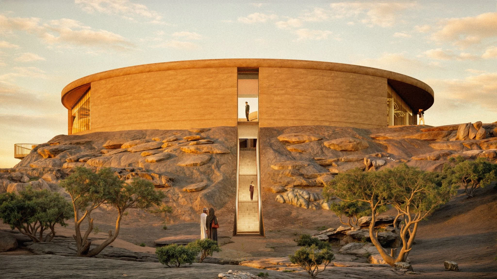 Render del tamburo in terra battuta visto dal basso, una fessura vetrata con scale che taglia la base rocciosa – Centro visitatori e manifattura Ayn Dawkah, Wadi Dawkah, Oman, 2025 – architettura, in costruzione