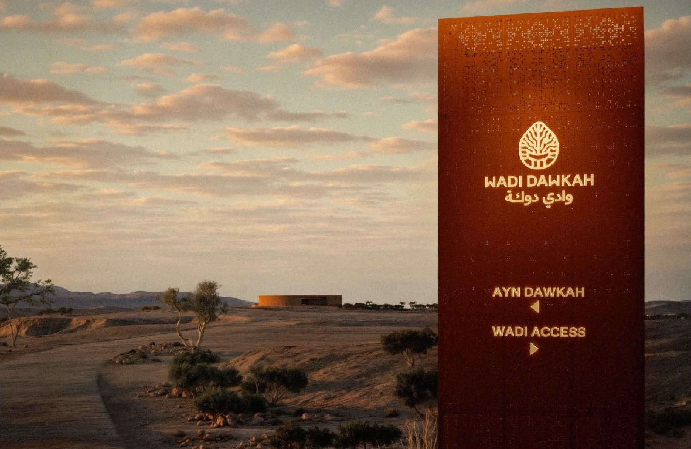 Render di un cartello Wadi Dawkah color ruggine, con l'edificio circolare in lontananza nella pianura – Centro visitatori e manifattura Ayn Dawkah, Wadi Dawkah, Oman, 2025 – architettura, in costruzione
