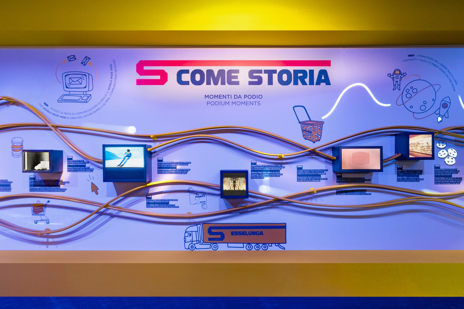 Parete con la linea del tempo S come Storia: tubi arancioni ondulati che collegano piccoli schermi e disegni al tratto – Casa Esselunga a Milano Cortina 2026, Italia – allestimento espositivo